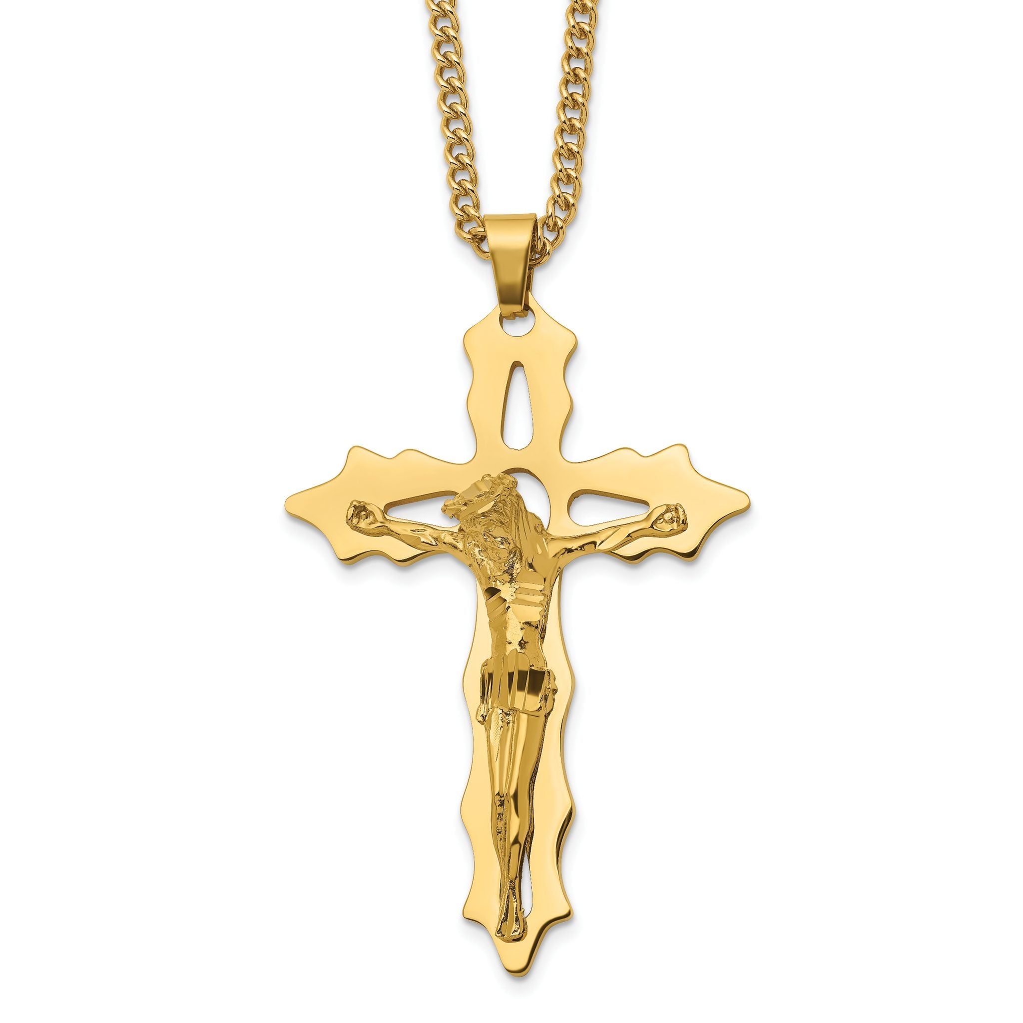 Chisel Stainless Steel Polished Yellow IP-plated Cutout Crucifix Pendant on a 24 inch Curb Chain Necklace Main image