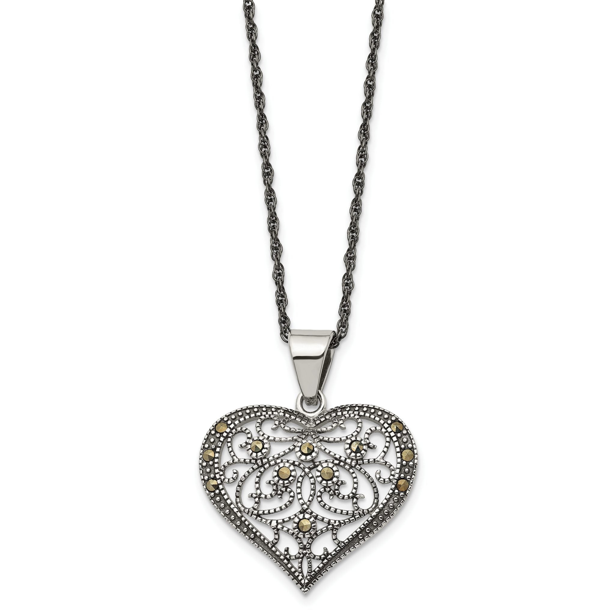 Chisel Stainless Steel Antiqued and Polished with Marcasite Heart Pendant on a 20 inch Singapore Chain Necklace