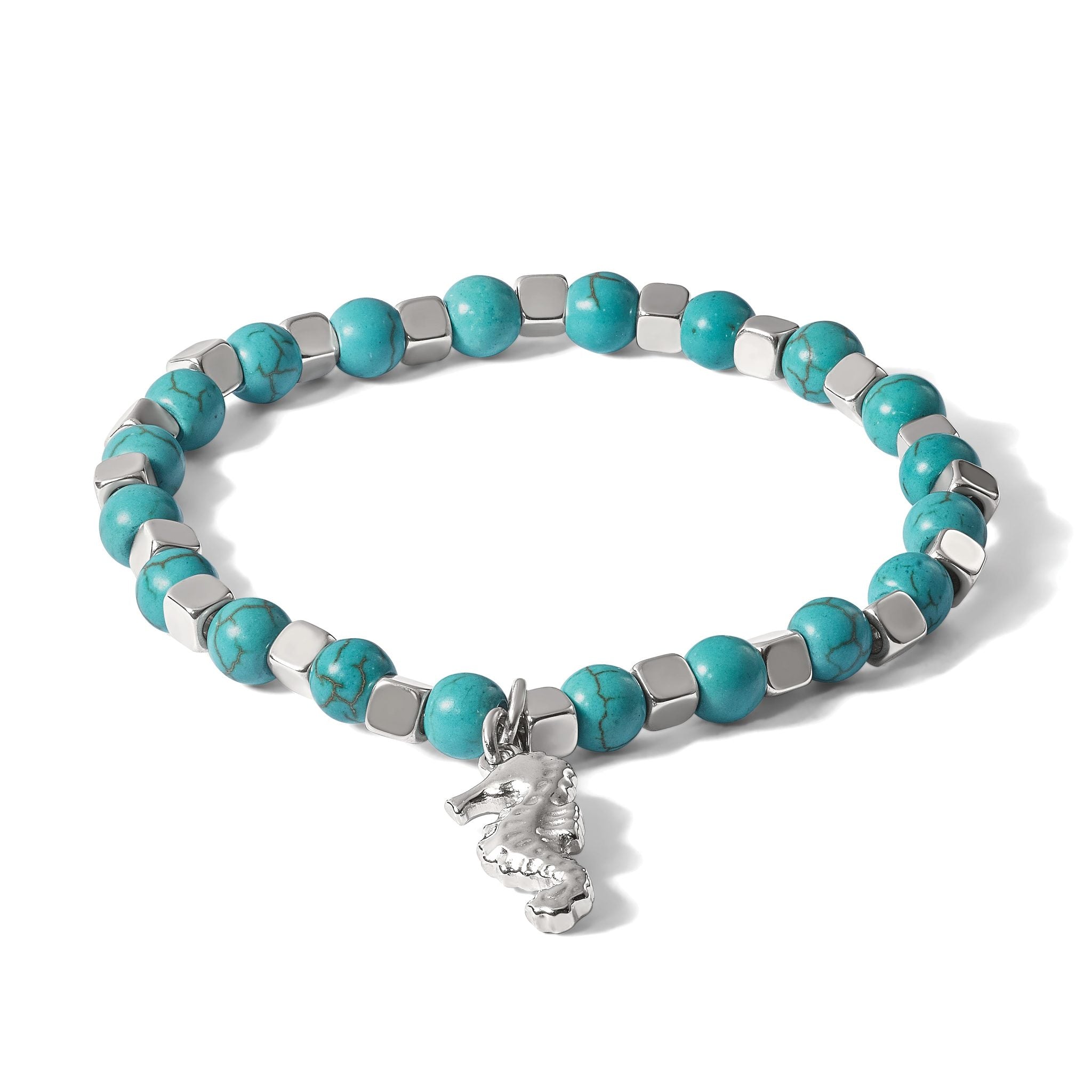 Stainless Steel Polished 6.5mm Seahorse Imitation Turquoise Beaded Stretch Bracelet for Women