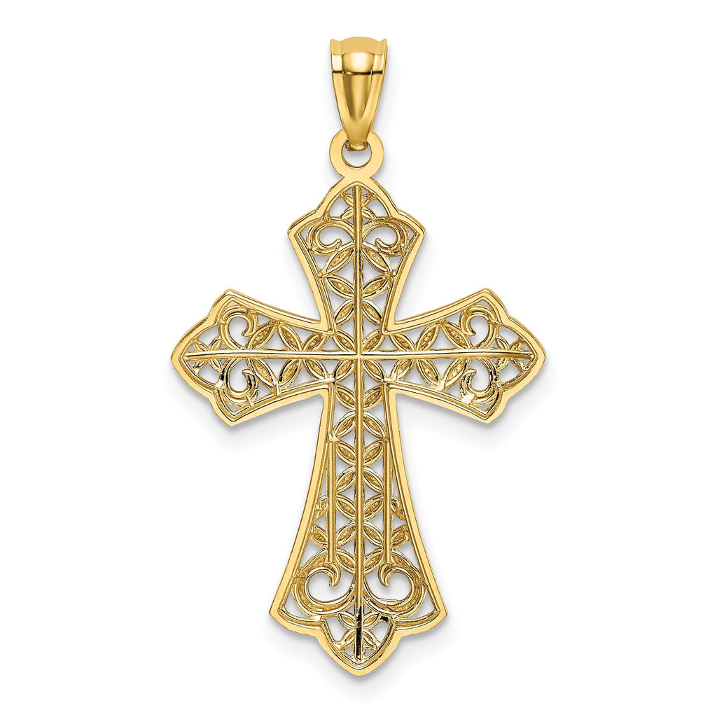 14K Gold Polished Filigree Cross Pendant with Rhodium Accents