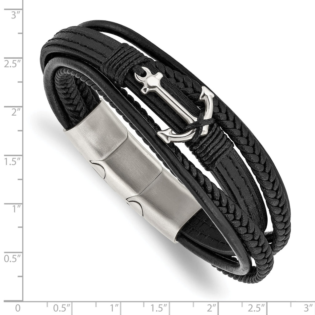 Stainless Steel Polished Anchor Black PU Leather Bracelet with . Extension