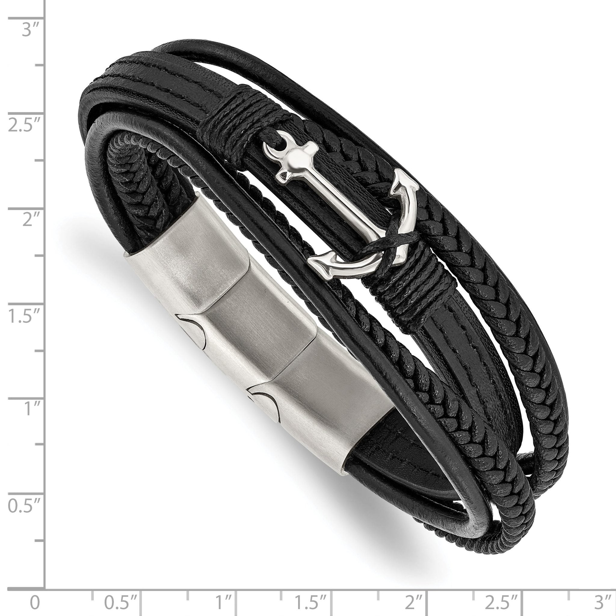 Stainless Steel Polished Anchor Black PU Leather Bracelet with . Extension