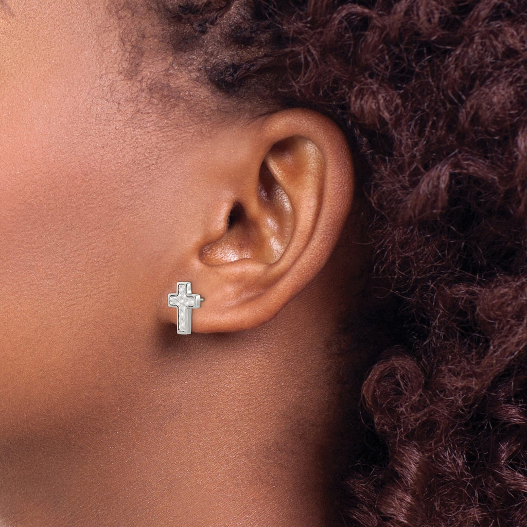 Stainless Steel Polished & Brushed Textured Cross Button Earrings
