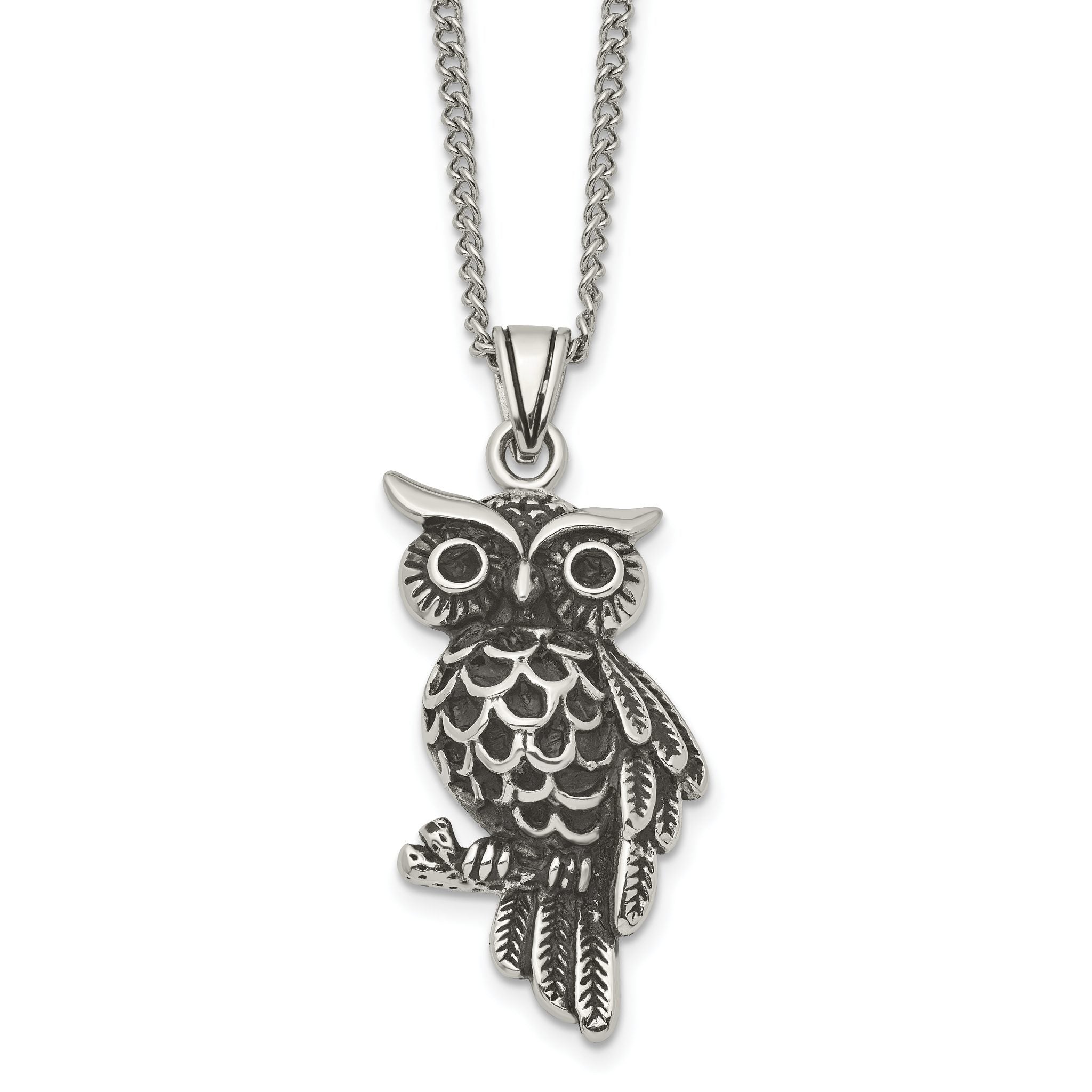 Stainless Steel Antiqued and Polished w/Black Crystal Owl 20in Necklace Main image
