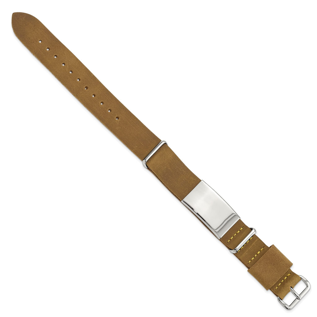 Stainless Steel Polished Brown Leather Adj. ID Bracelet for Men