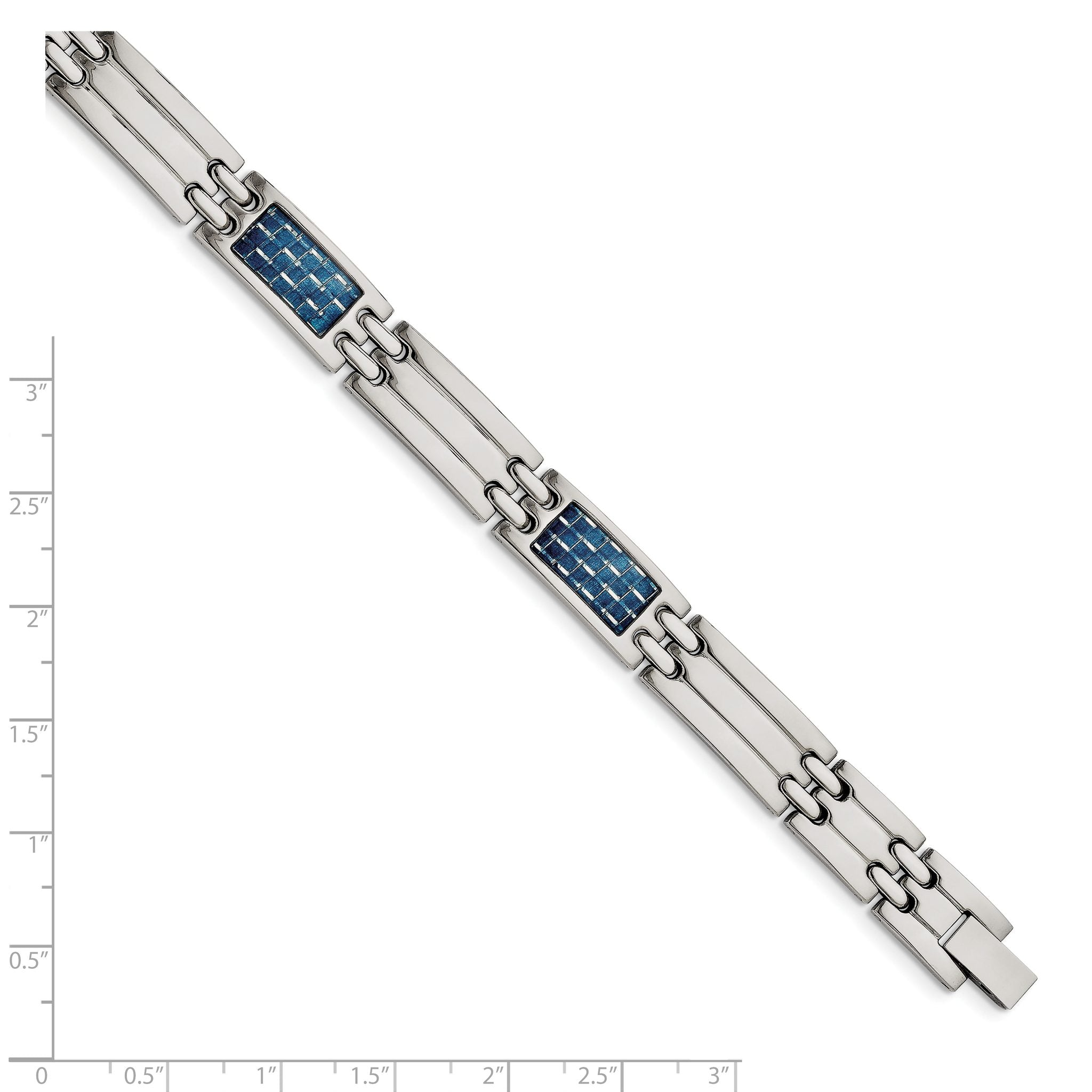 Stainless Steel Polished with Blue Carbon Fiber Inlay Link Bracelet for Men