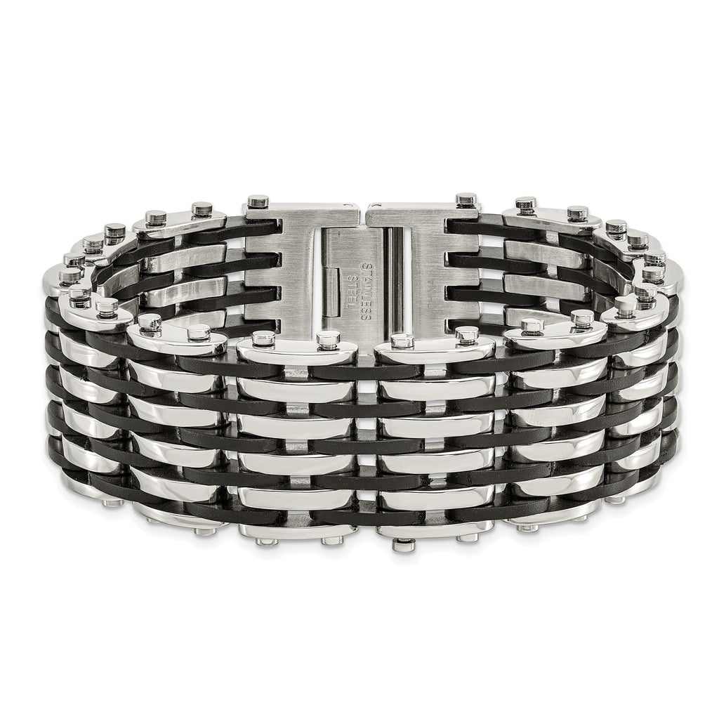 Stainless Steel Polished with Black Rubber Bracelet for Men