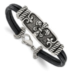 Stainless Steel Antiqued and Polished Fleur de Lis 2 Strand Black Leather Bracelet for Men