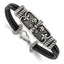 Stainless Steel Antiqued and Polished Fleur de Lis 2 Strand Black Leather Bracelet for Men