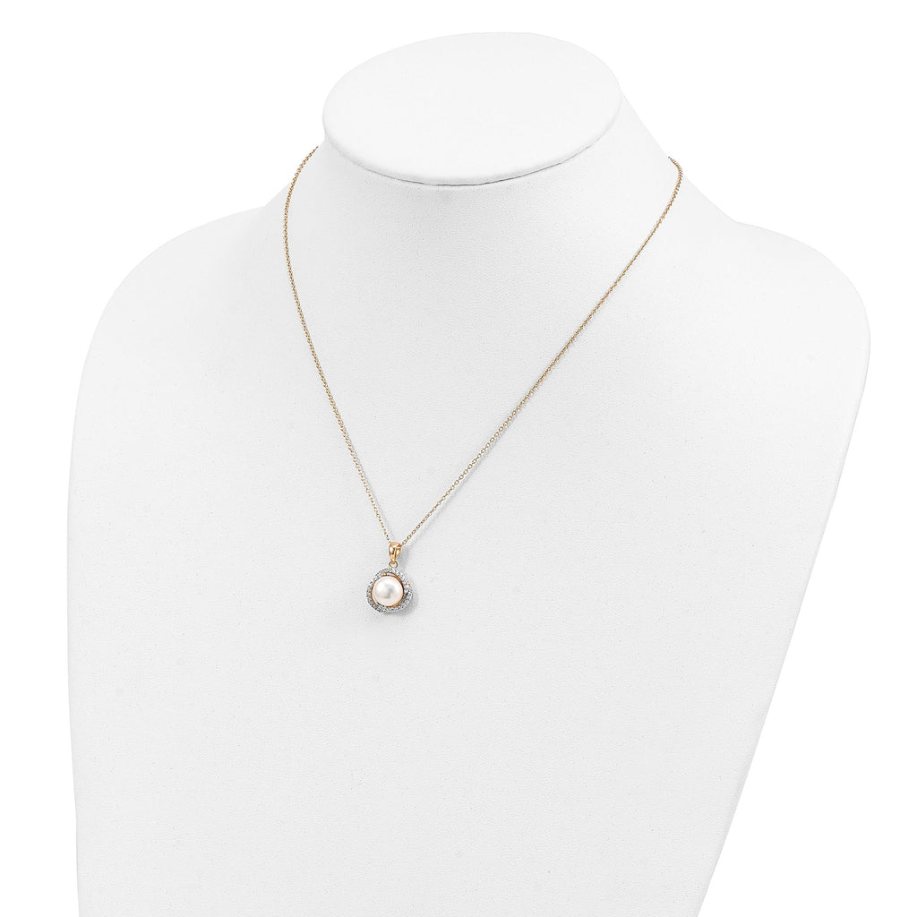 Cheryl M Sterling Silver Gold-plated Polished Freshwater Cultured Pearl and CZ 16 Inch with 2 Inch Extension Necklace
