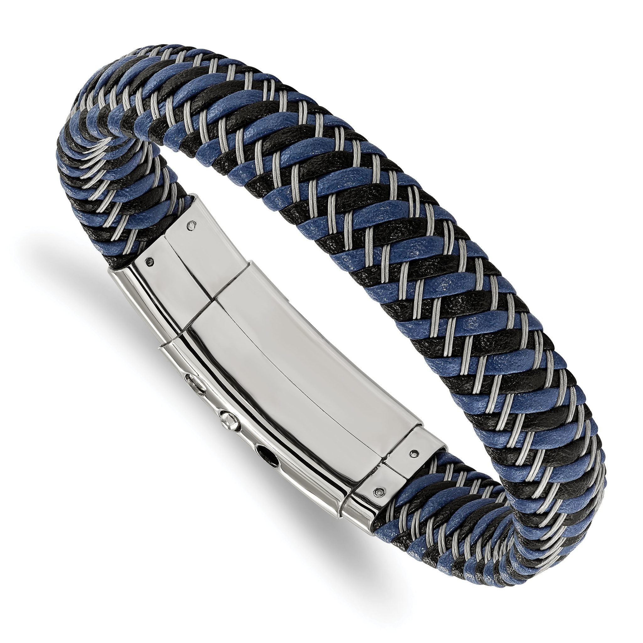 Stainless Steel Polished Braided Wire and Black and Blue Leather Adjustable 7.75 to Bracelet for Men Secondary image