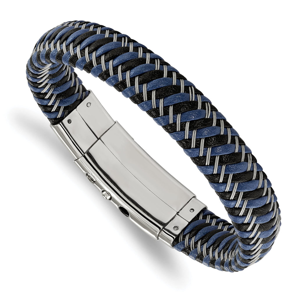 Stainless Steel Polished Braided Wire and Black and Blue Leather Adjustable 7.75 to Bracelet for Men