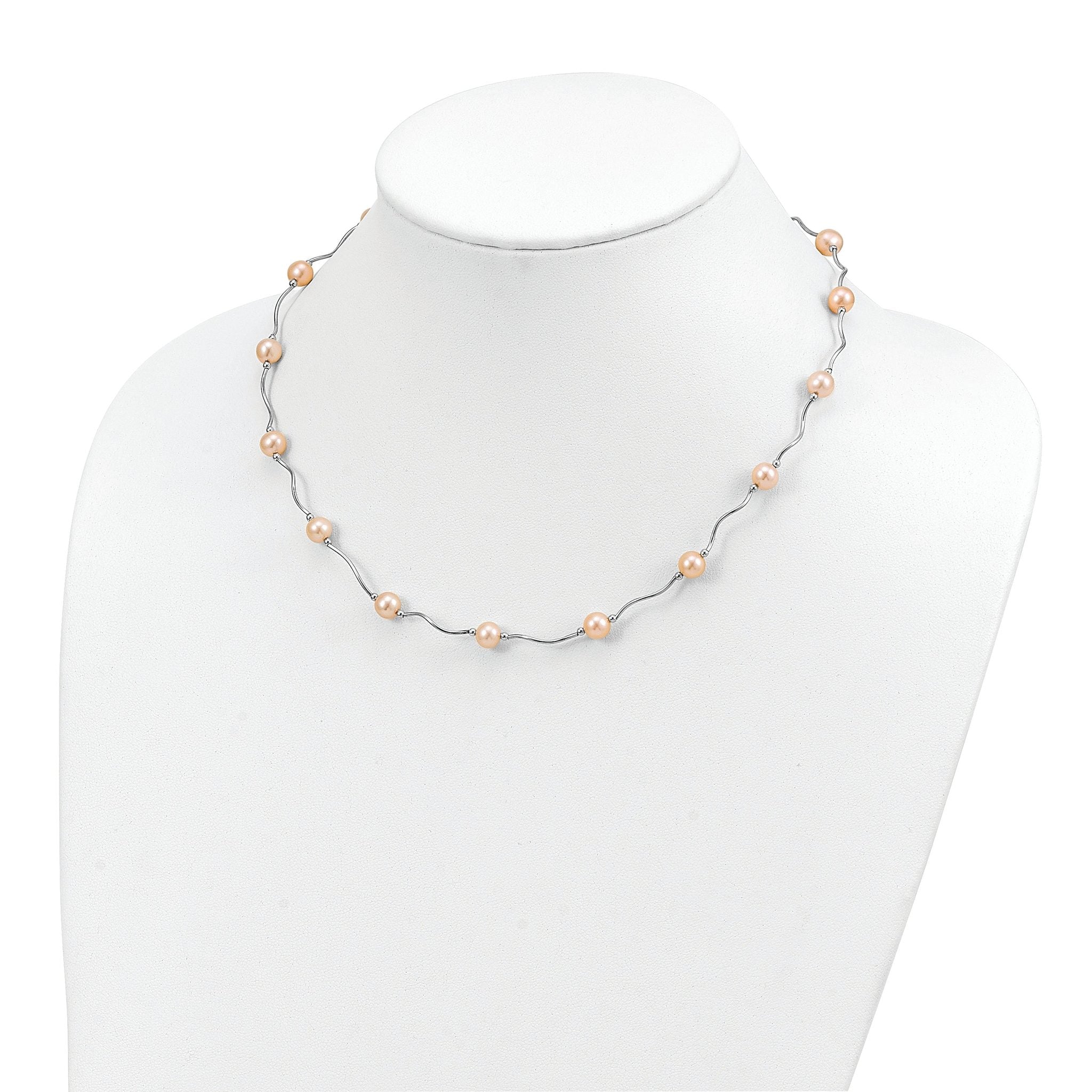 Sterling Silver Rhodium-plated 6-7mm Pink Near-Round Freshwater Cultured Pearl 18-Station 18 inch Necklace Secondary image