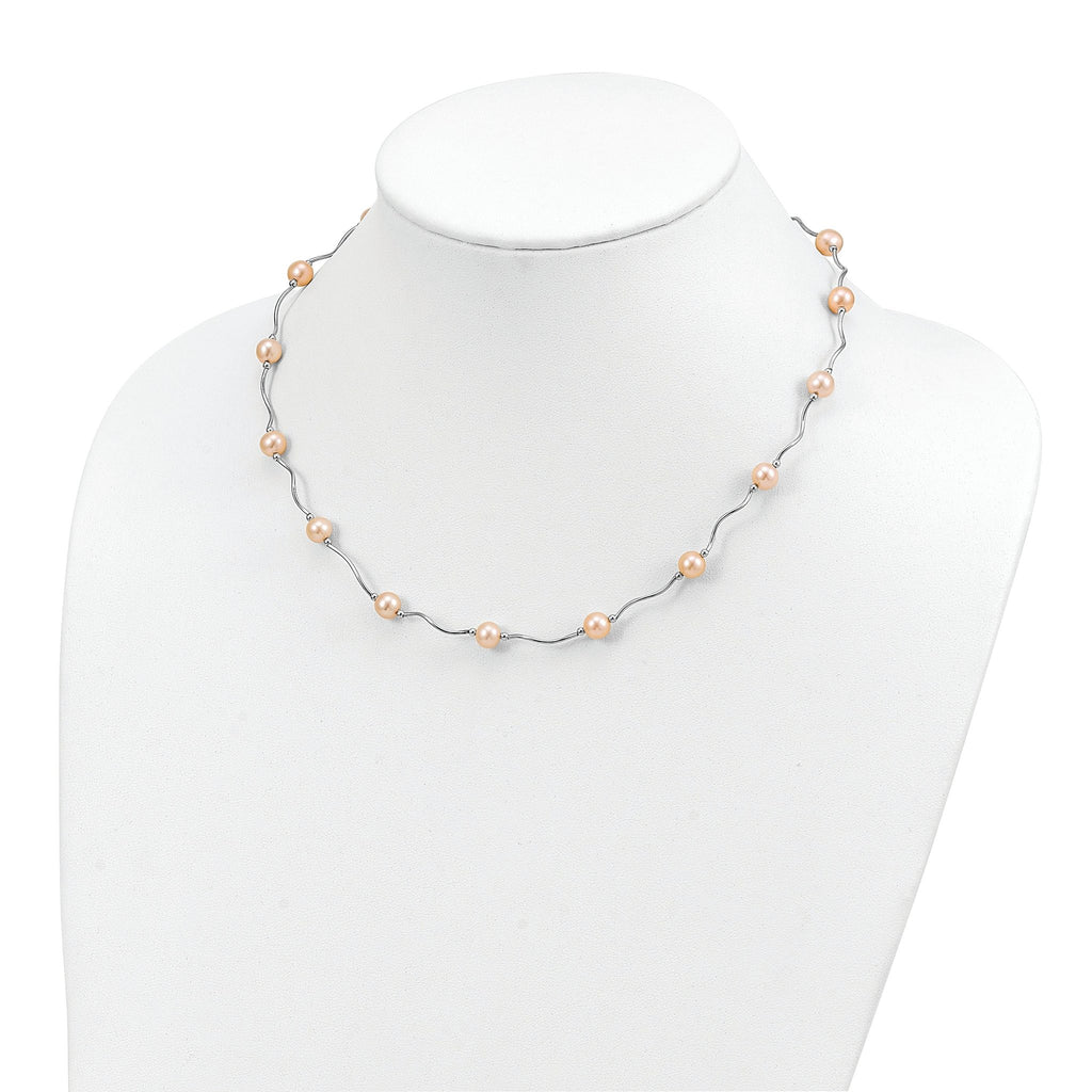 Sterling Silver Rhodium-plated 6-7mm Pink Near-Round Freshwater Cultured Pearl 18-Station 18 inch Necklace