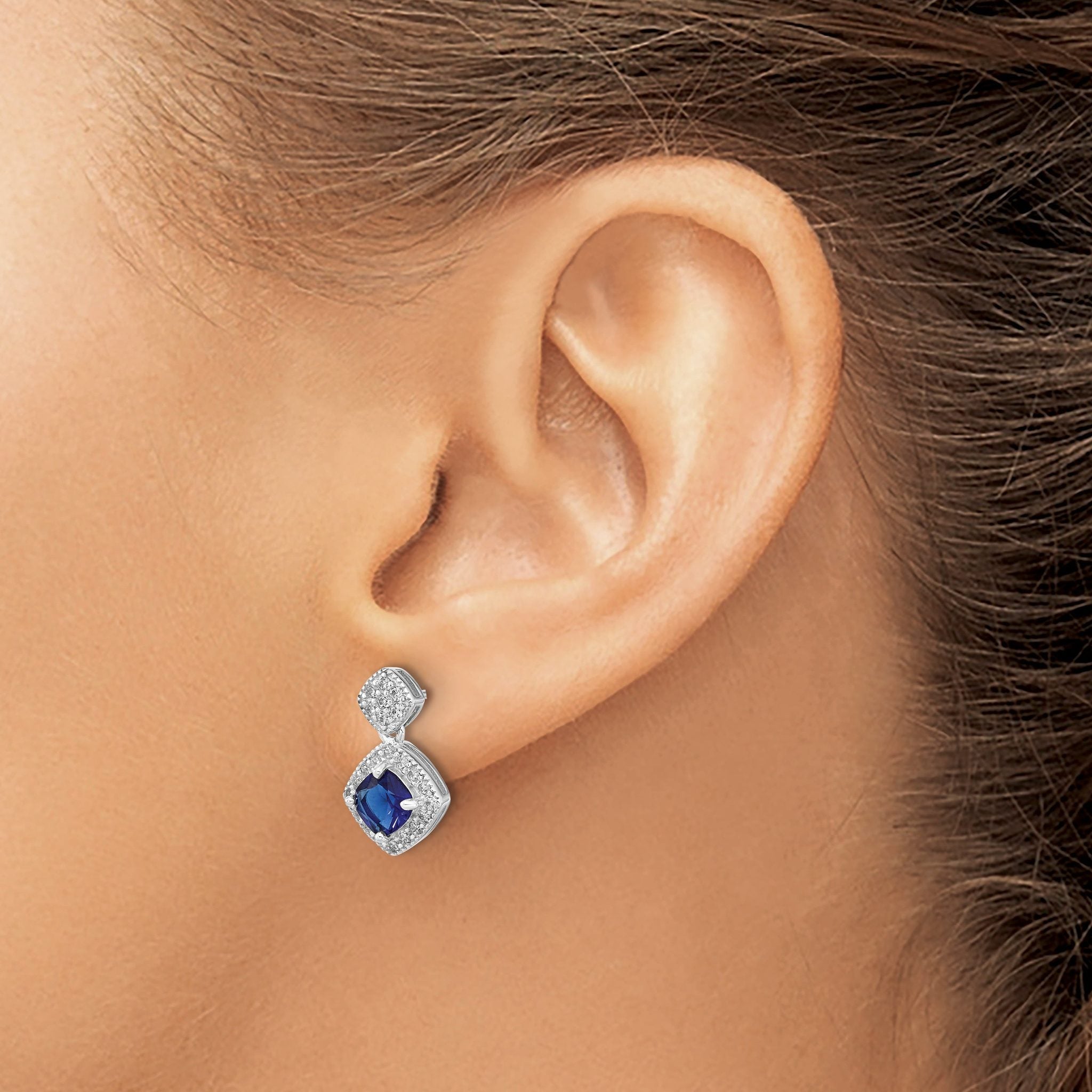 Cheryl M Sterling Silver Rhodium-plated Cushion-cut Blue Glass and Brilliant-cut White CZ Post Dangle Earrings