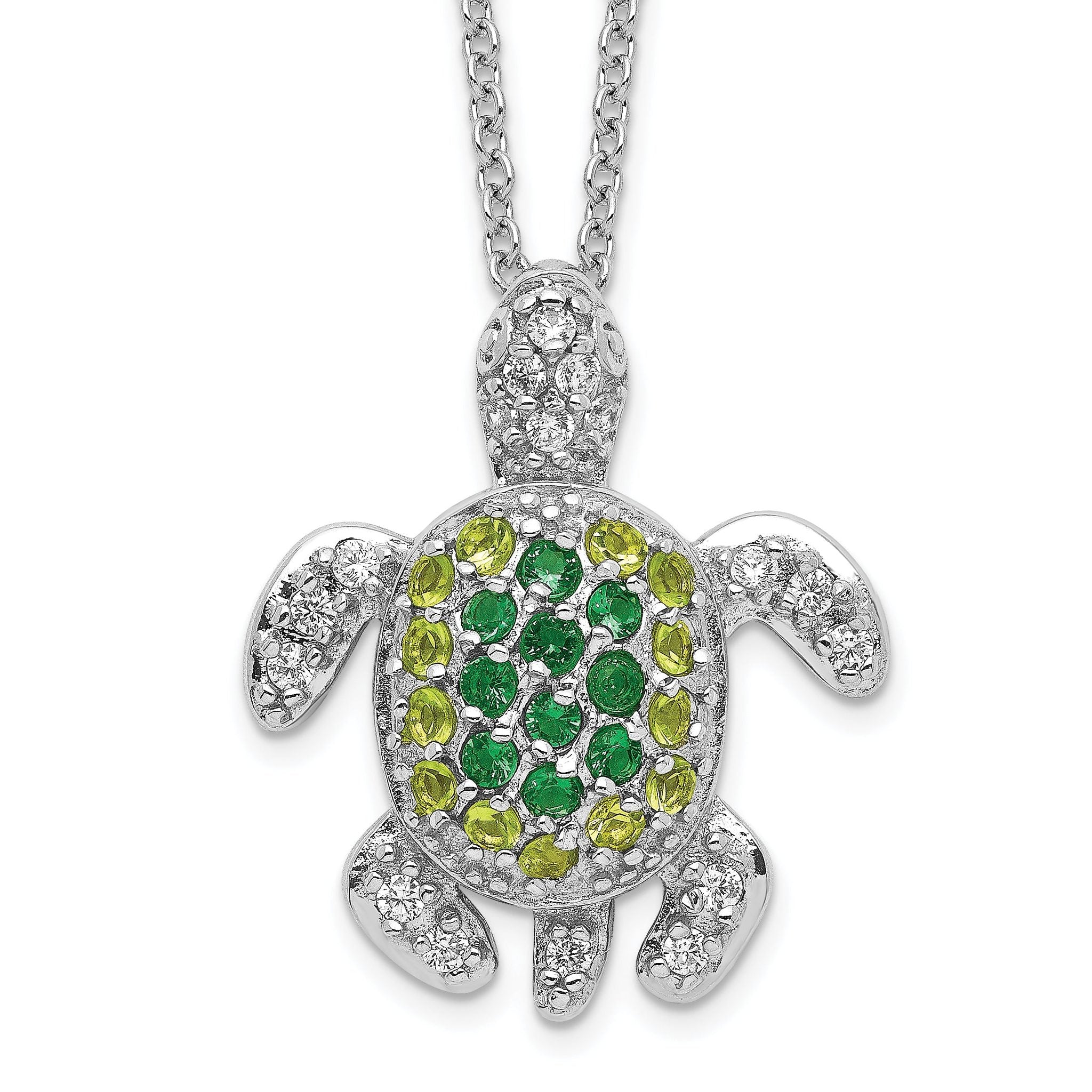 Cheryl M Sterling Silver Rhodium-plated Brilliant-cut Green Glass and Brilliant-cut White CZ Turtle 18 Inch Necklace Main image