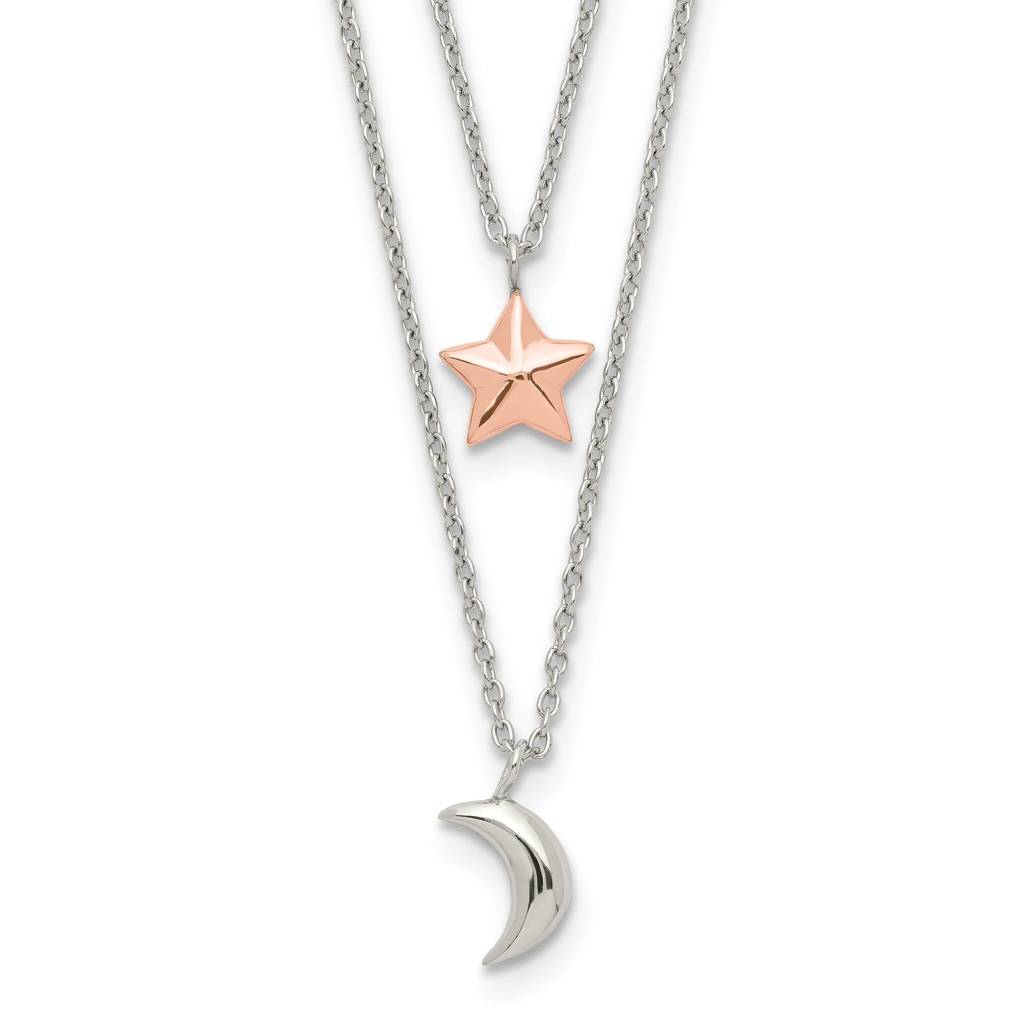 Sterling Silver Rose-Tone 2-strand Moon and Star w/1in ext Necklace Main image