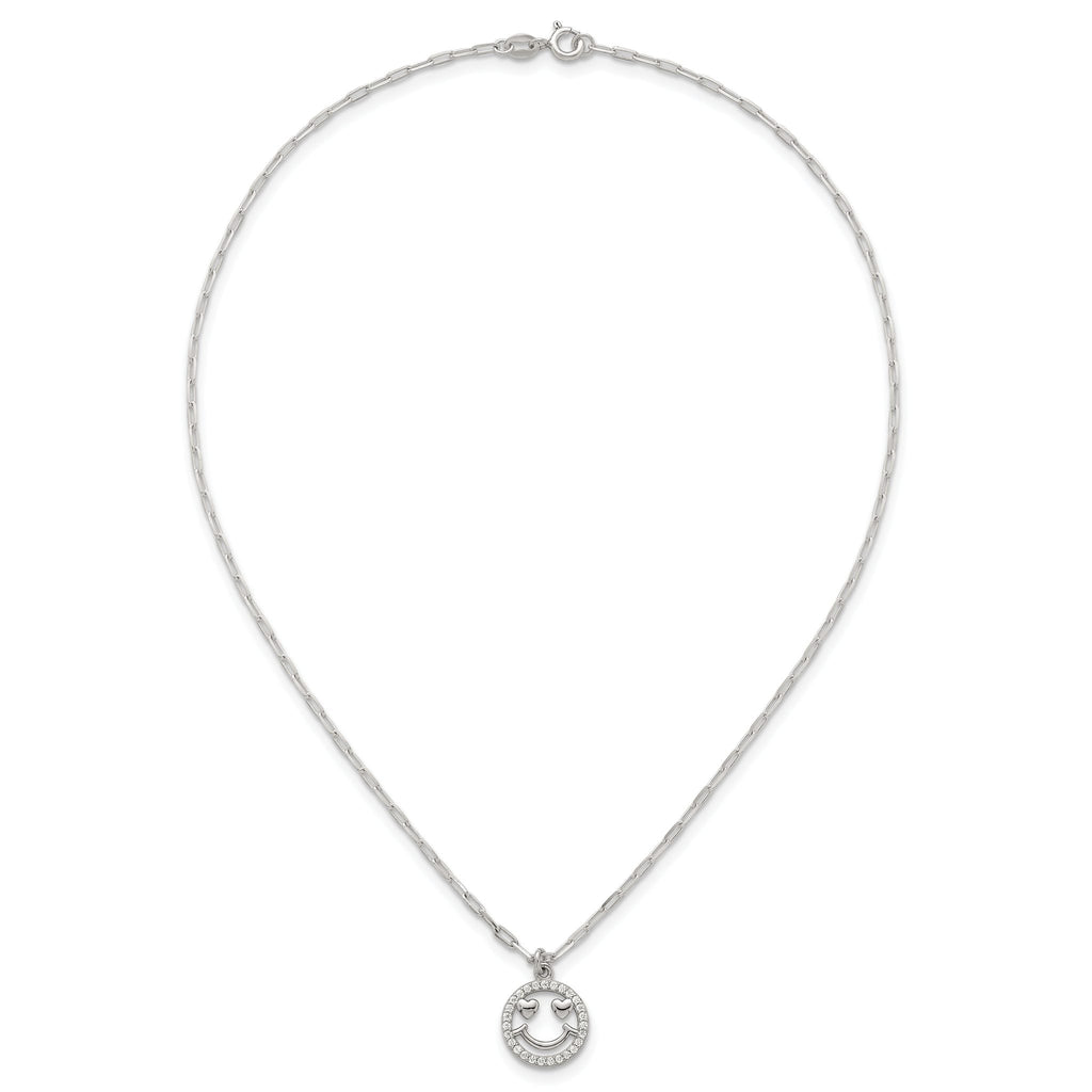 Sterling Silver Polished White CZ Smiley Face with Heart Eyes 16 inch Necklace