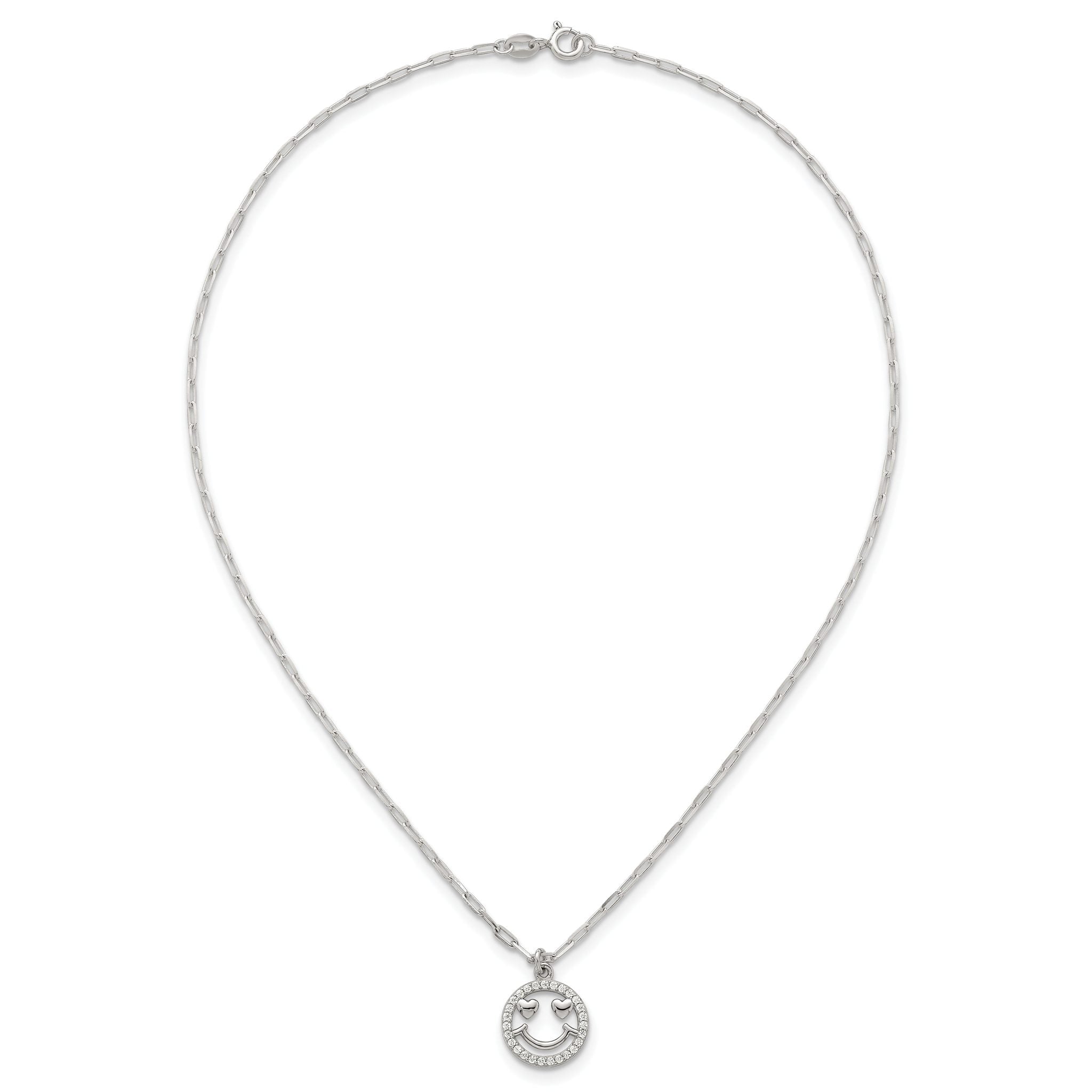 Sterling Silver Polished White CZ Smiley Face with Heart Eyes 16 inch Necklace