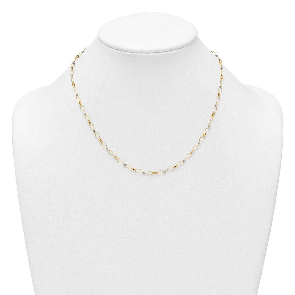 14k Two-tone Polished and Twisted Fancy Oval Links and Faceted Beads 18 inch Necklace