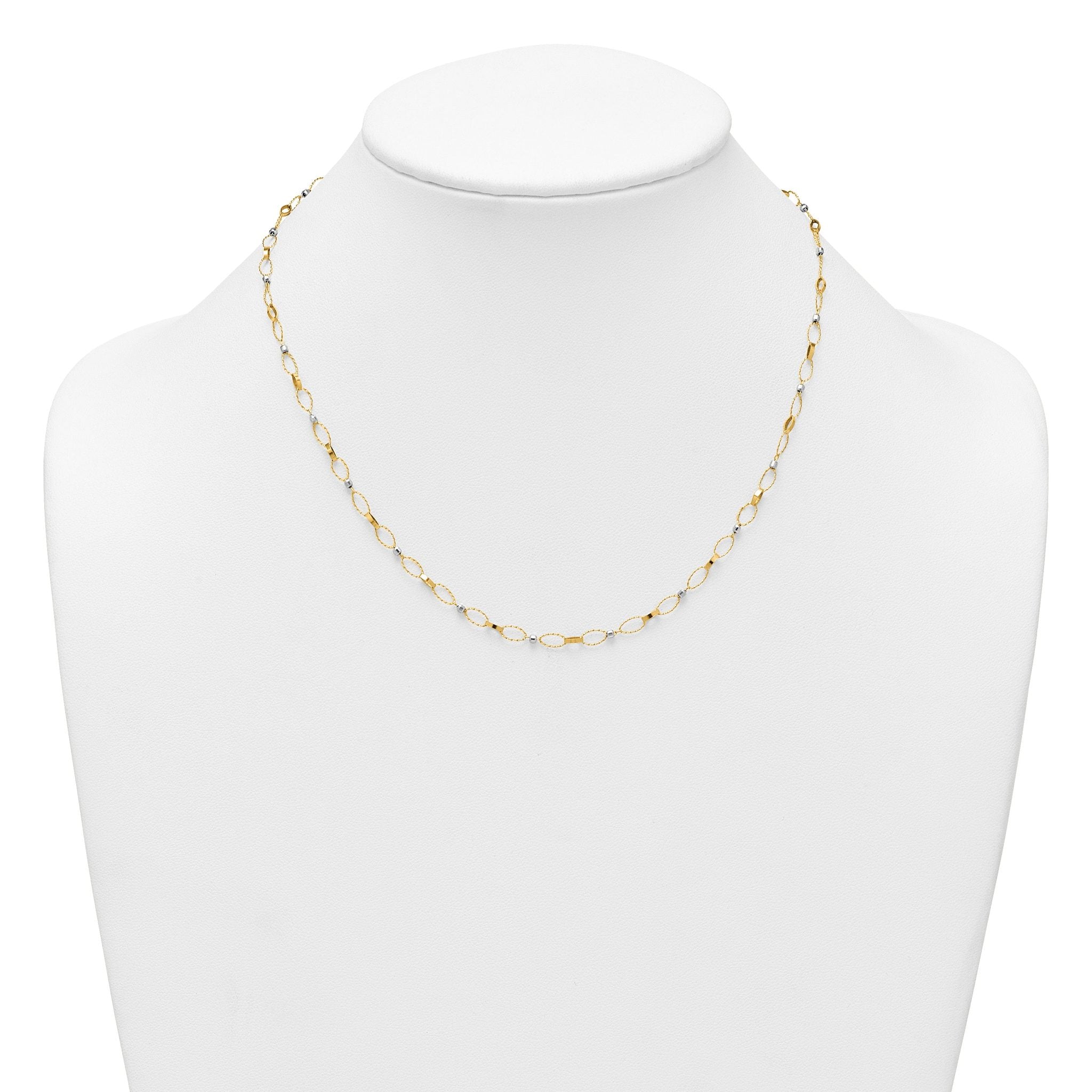 14k Two-tone Polished and Twisted Fancy Oval Links and Faceted Beads 18 inch Necklace