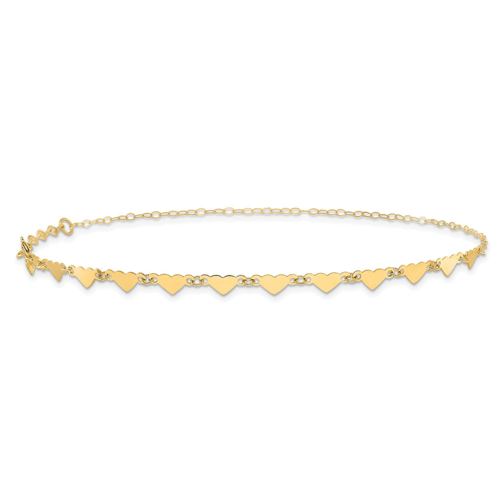 14K Hearts and Oval Links 9 inch Plus 1 inch Extender - Total 10 inch Anklet