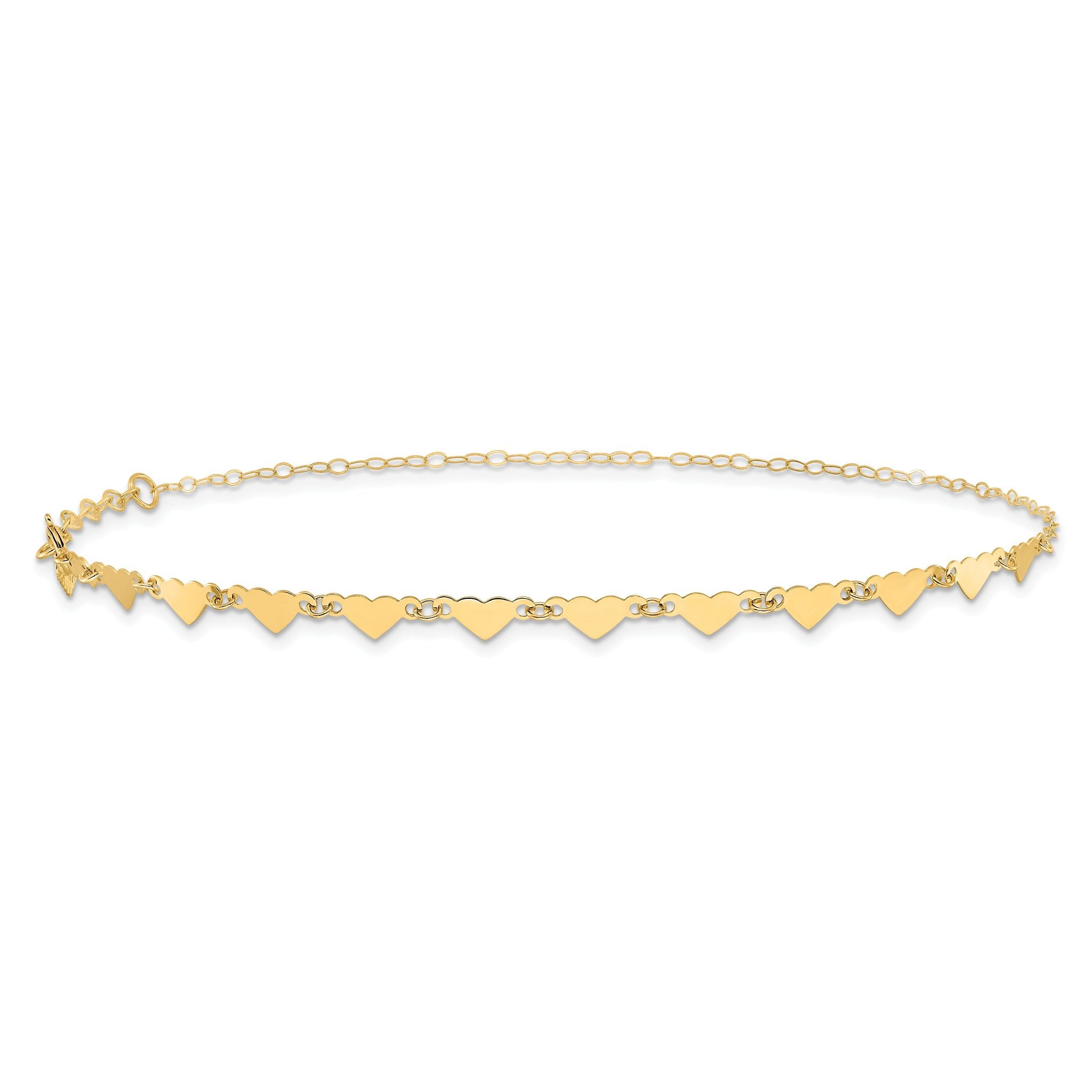14K Hearts and Oval Links 9 inch Plus 1 inch Extender - Total 10 inch Anklet