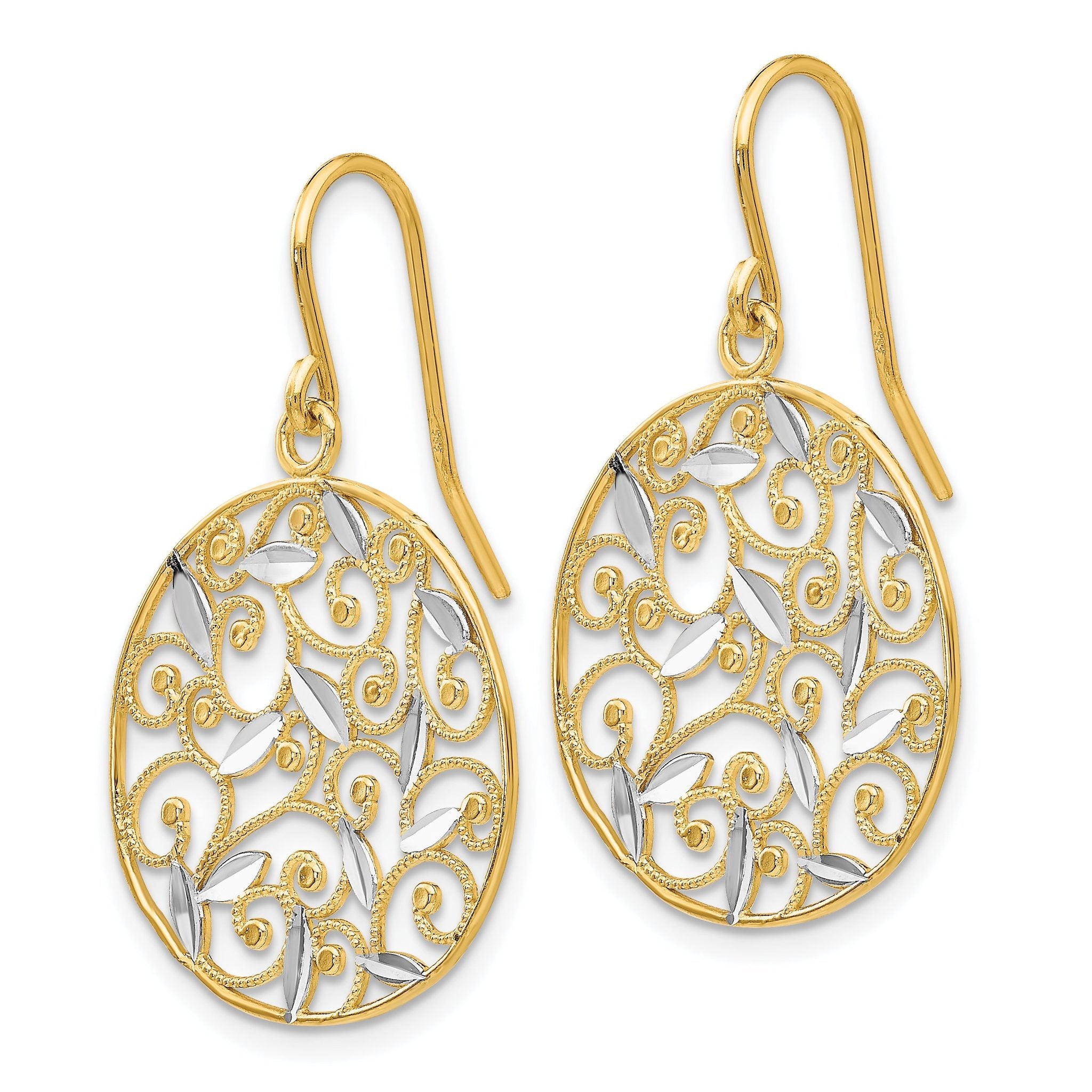 14K Gold Rhodium Filigree Drop Earrings with Diamond-Cut Design Secondary image
