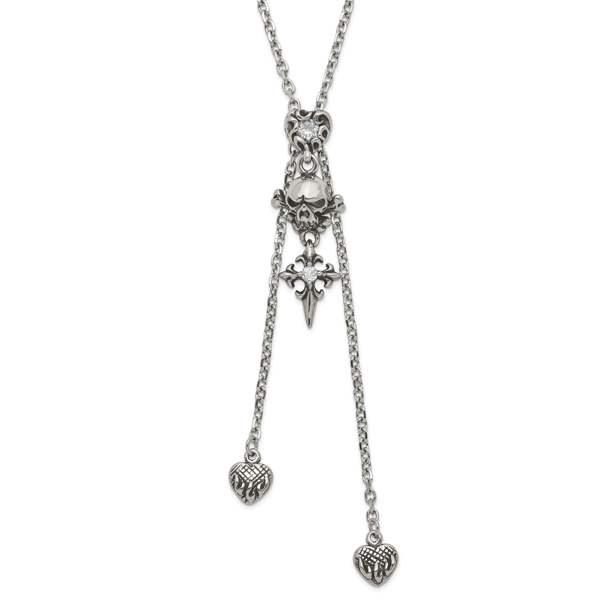 Sophia Jewelers Stainless Steel Polished CZ Skull Heart Adjustable Necklace