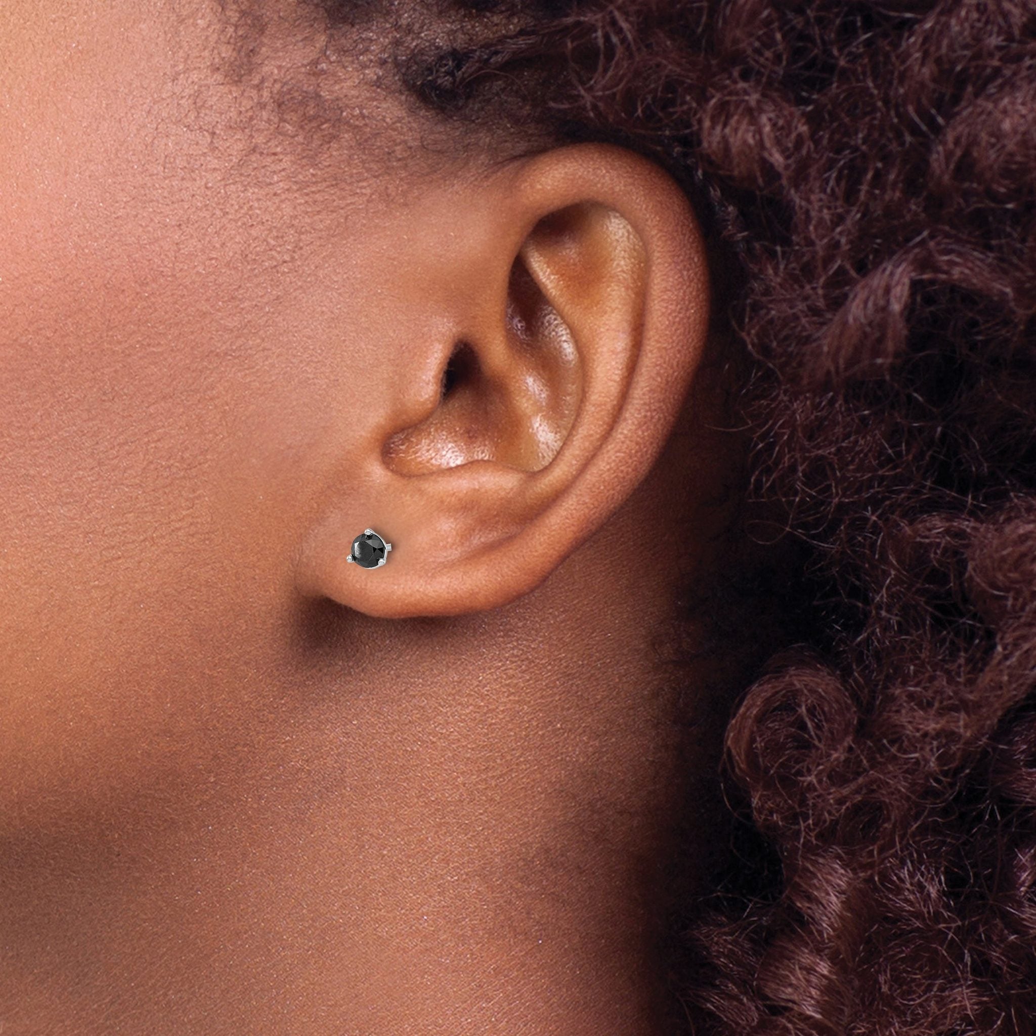 14K White Gold Black Diamond Stud Earrings: Elegant Rhodium-Plated Design