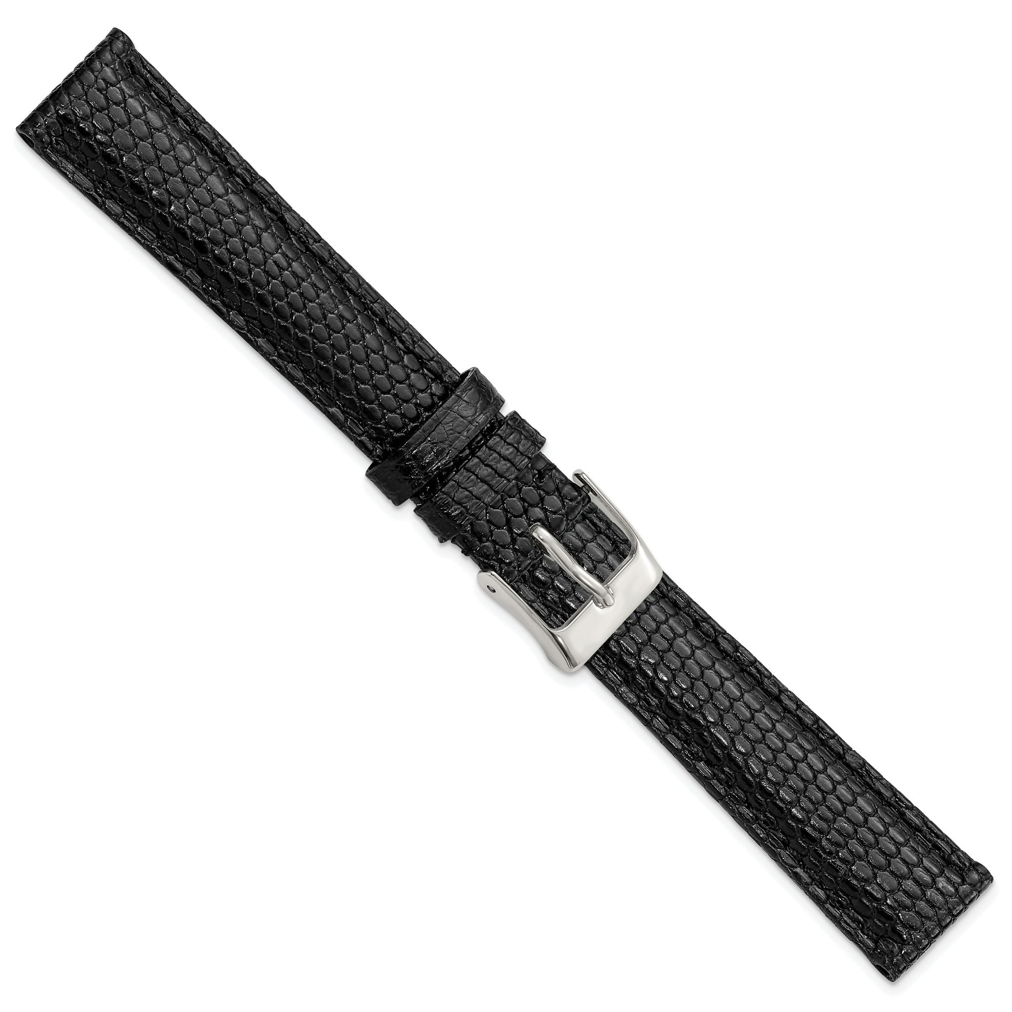 16mm Short Black Genuine Lizard Leather with Silver-tone Buckle Watch 6.75 inch Band