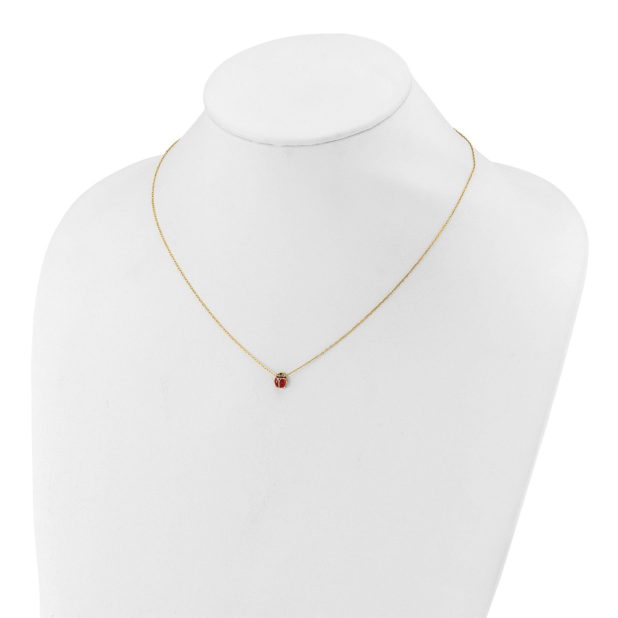 14k Polished Red and Black Enameled Ladybug 17 inch Necklace Plus 1 inch Extender