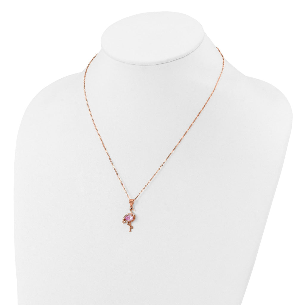 Cheryl M Sterling Silver Rose-tone Polished Lab Created Ruby Black Spinel and CZ Flamingo Necklace