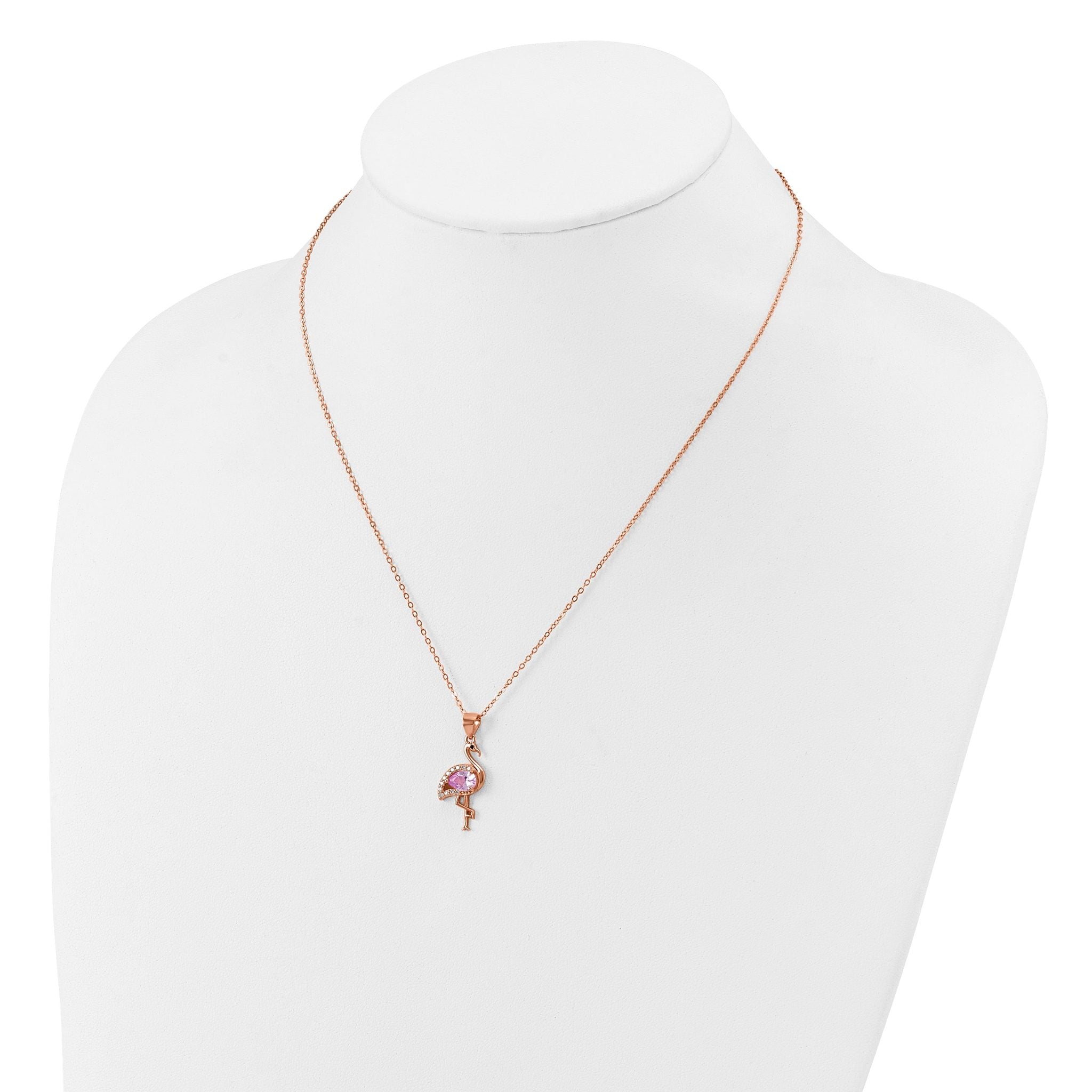 Cheryl M Sterling Silver Rose-tone Polished Lab Created Ruby Black Spinel and CZ Flamingo Necklace