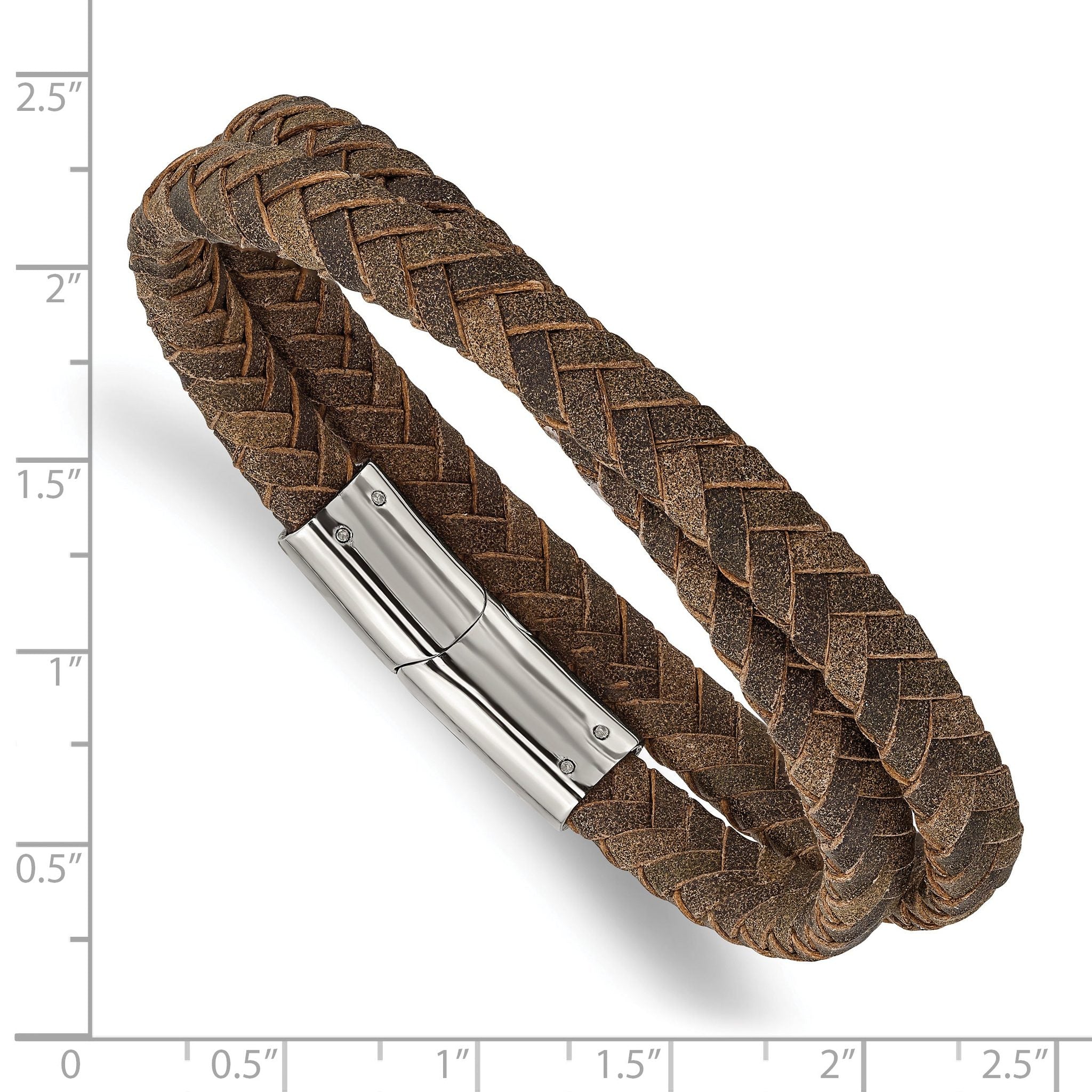 Stainless Steel Polished Brown Braided Leather Wrap Bracelet Secondary image