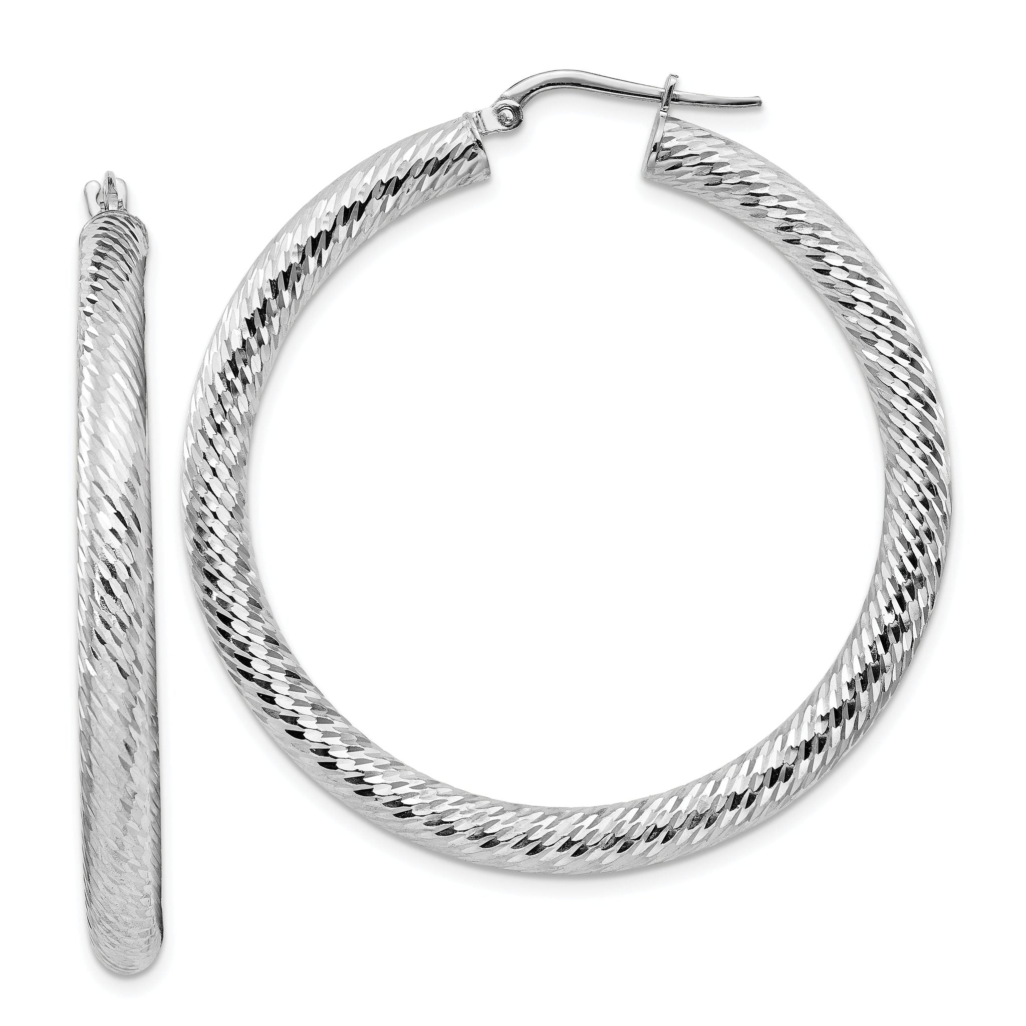 14k 4x35mm White Gold Diamond-cut Round Hoop Earrings Main image