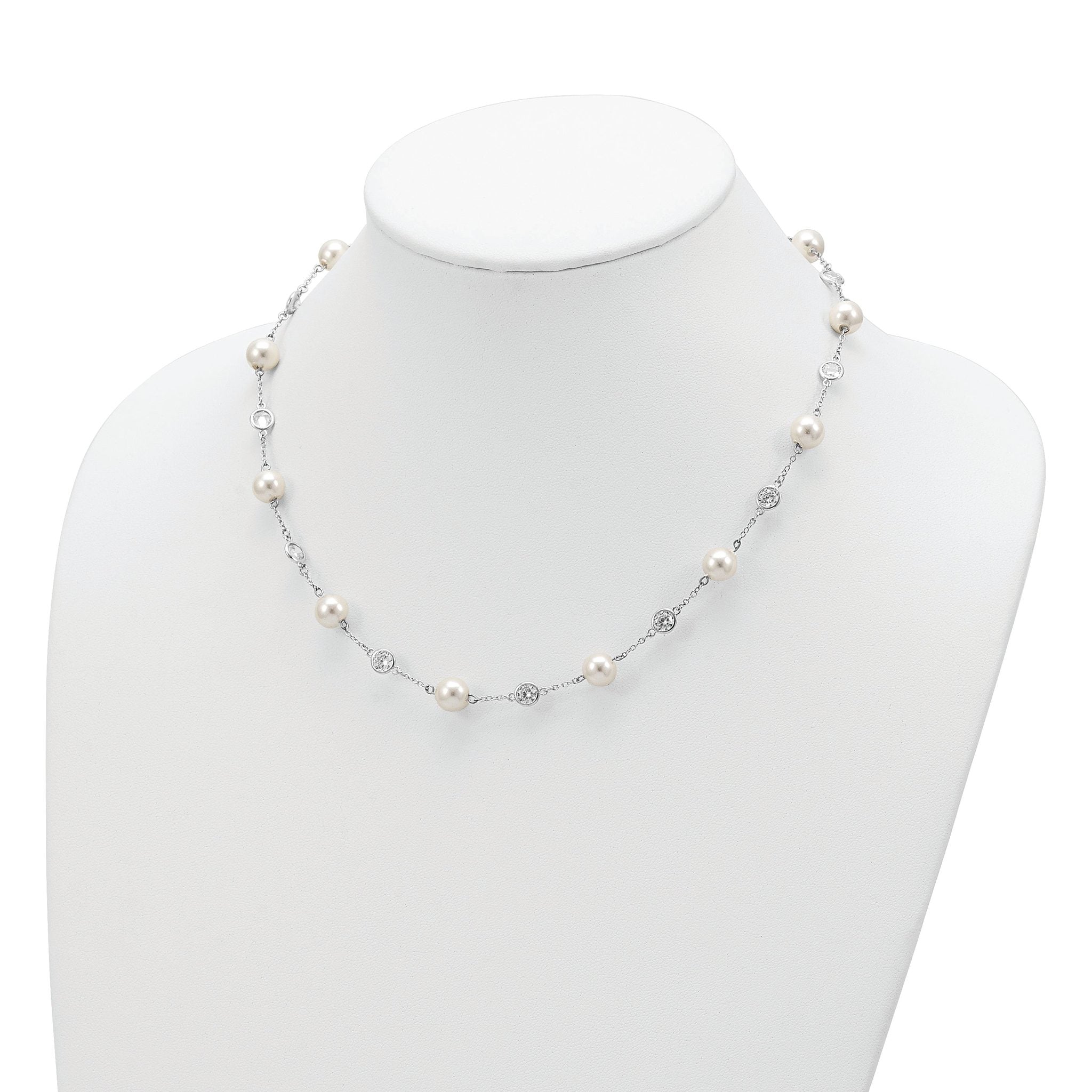 Cheryl 925 Sterling Silver CZ and Pearl Necklace with Polished Rhodium Finish