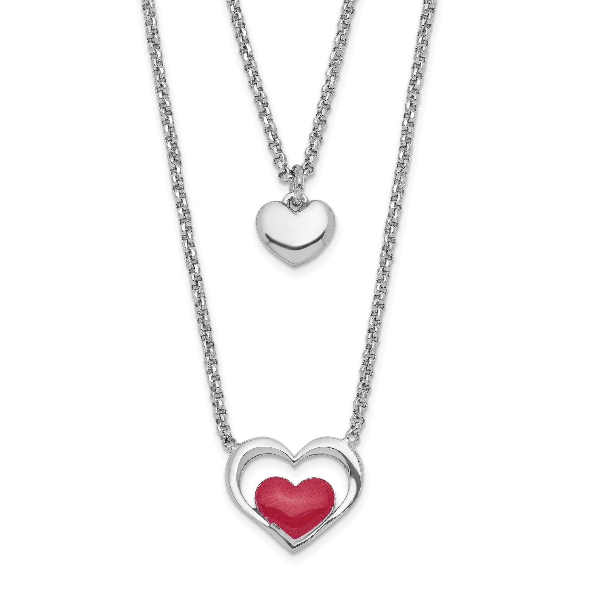 Sterling Silver Rhodium-Platedodium-plate Enamel Heart 2-Strand w/1in Ext Necklace Main image