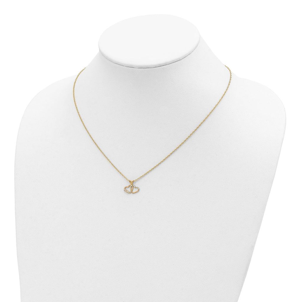10K Tri-Color Gold Double Heart Necklace with Polished Finish