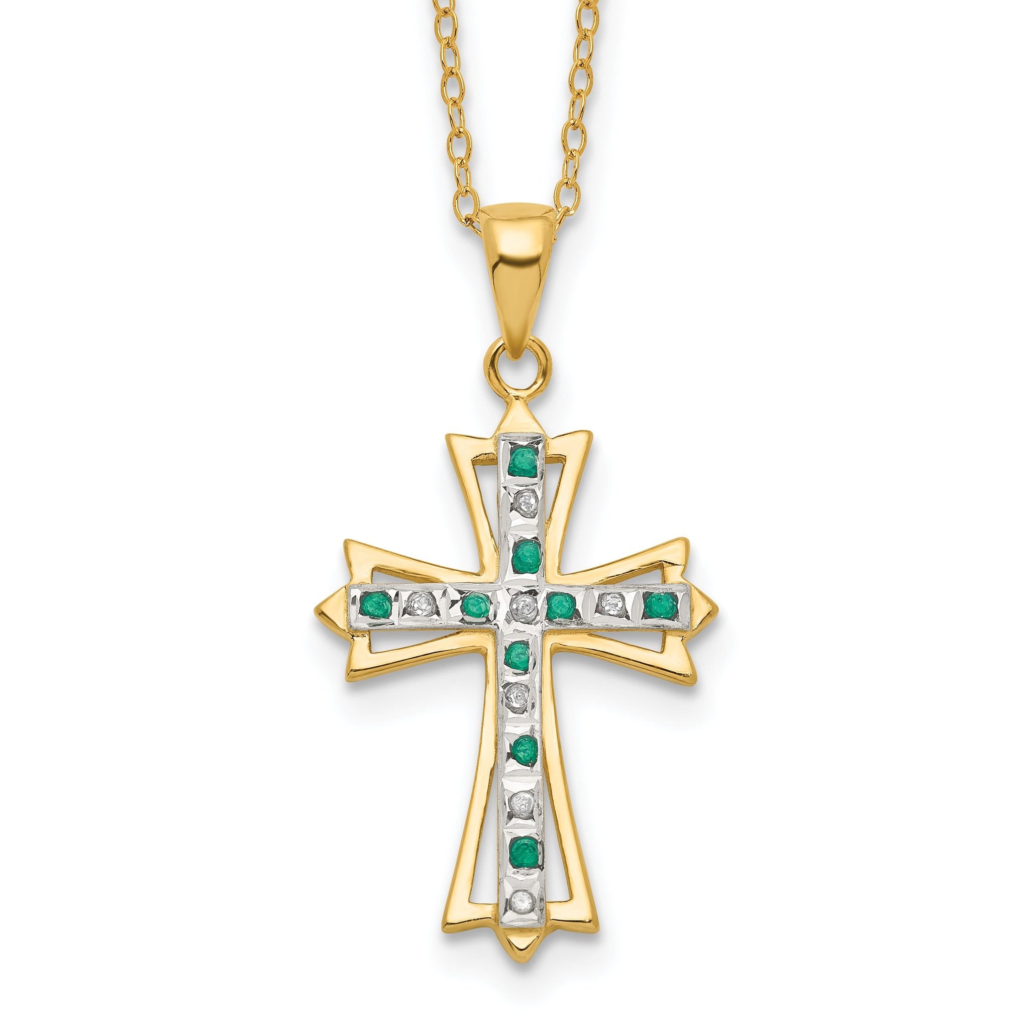 Sterling Silver Gold-Plated Diamond Emerald Cross Necklace 18 Inch Main image