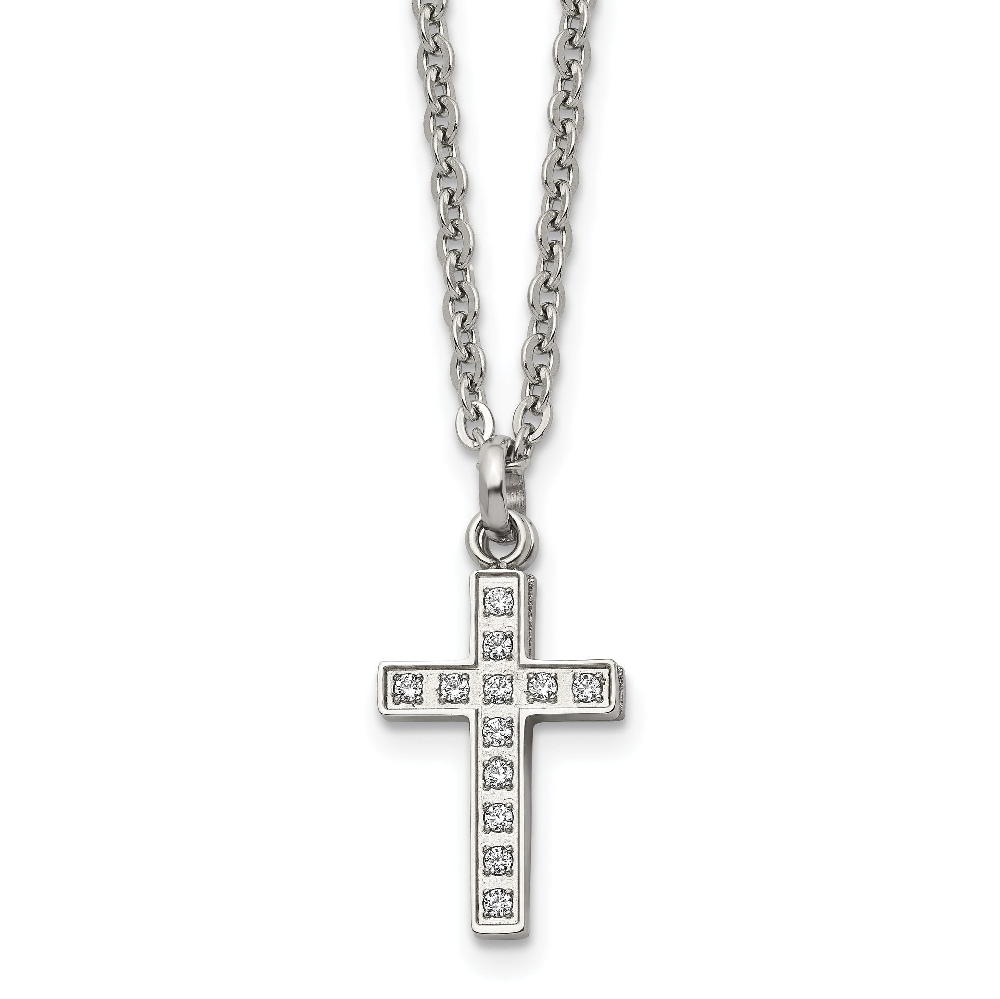 Laser-Cut Cross 2-Piece Necklace in Stainless Steel with CZ