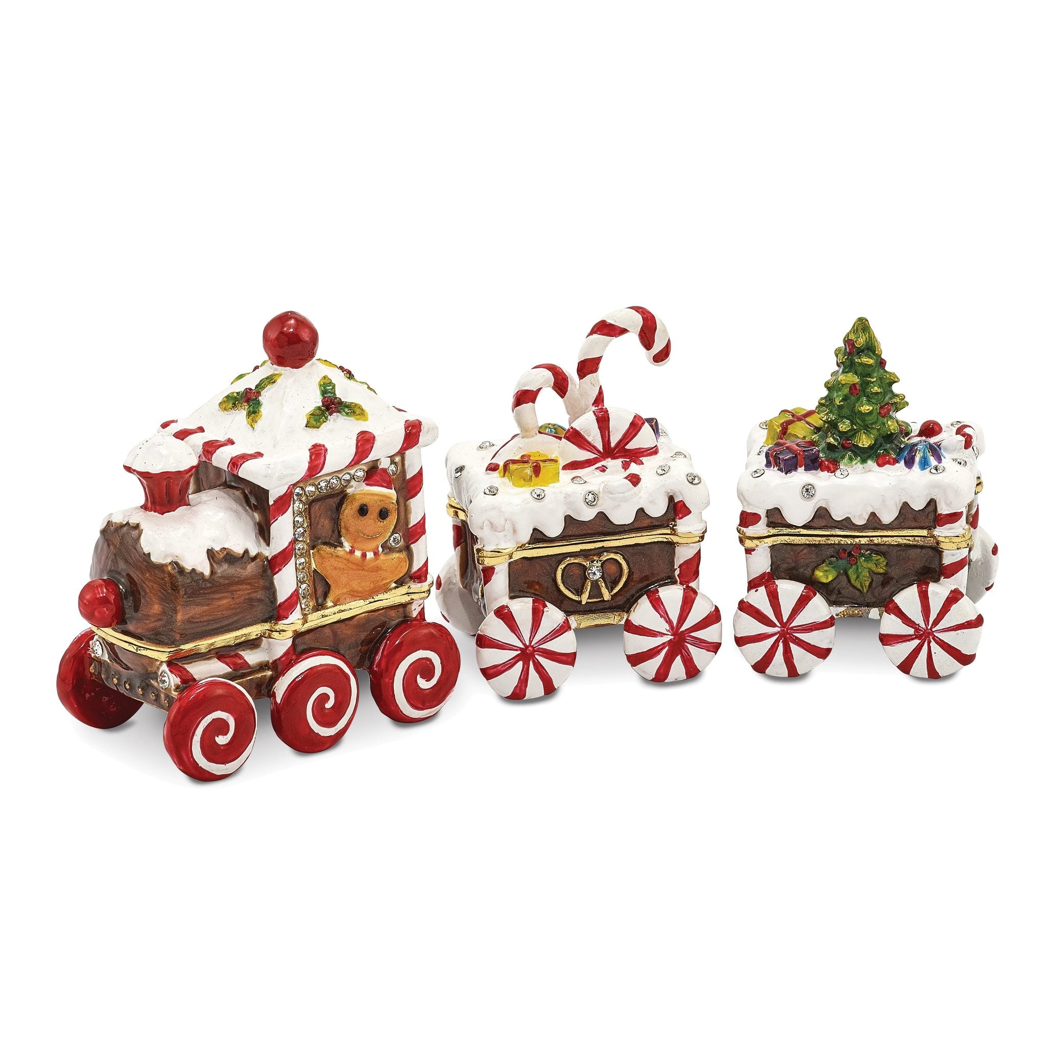 Luxury Giftware Pewter Bejeweled Crystals Gold-tone Enameled CANDY CANE Train Trinket Box with Matching 18 Inch Necklace Main image