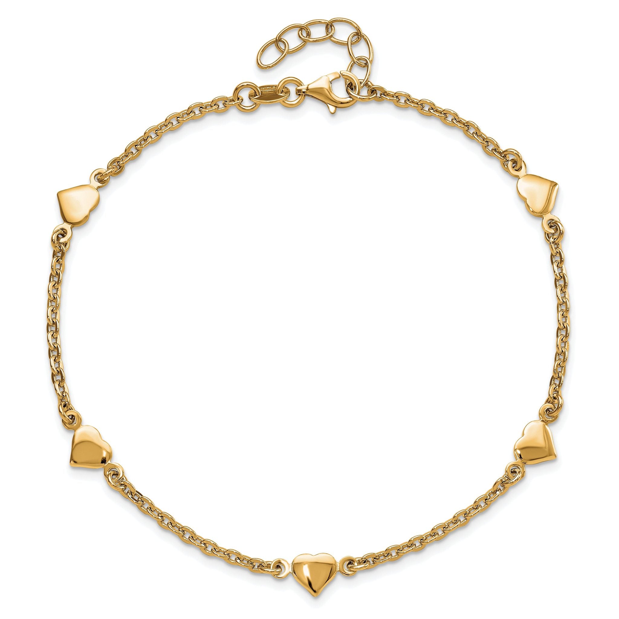 Sterling Silver Gold-plated Heart 5-Station 9 inch Plus 0.5 inch Extender - Total 9.5 inch Anklet