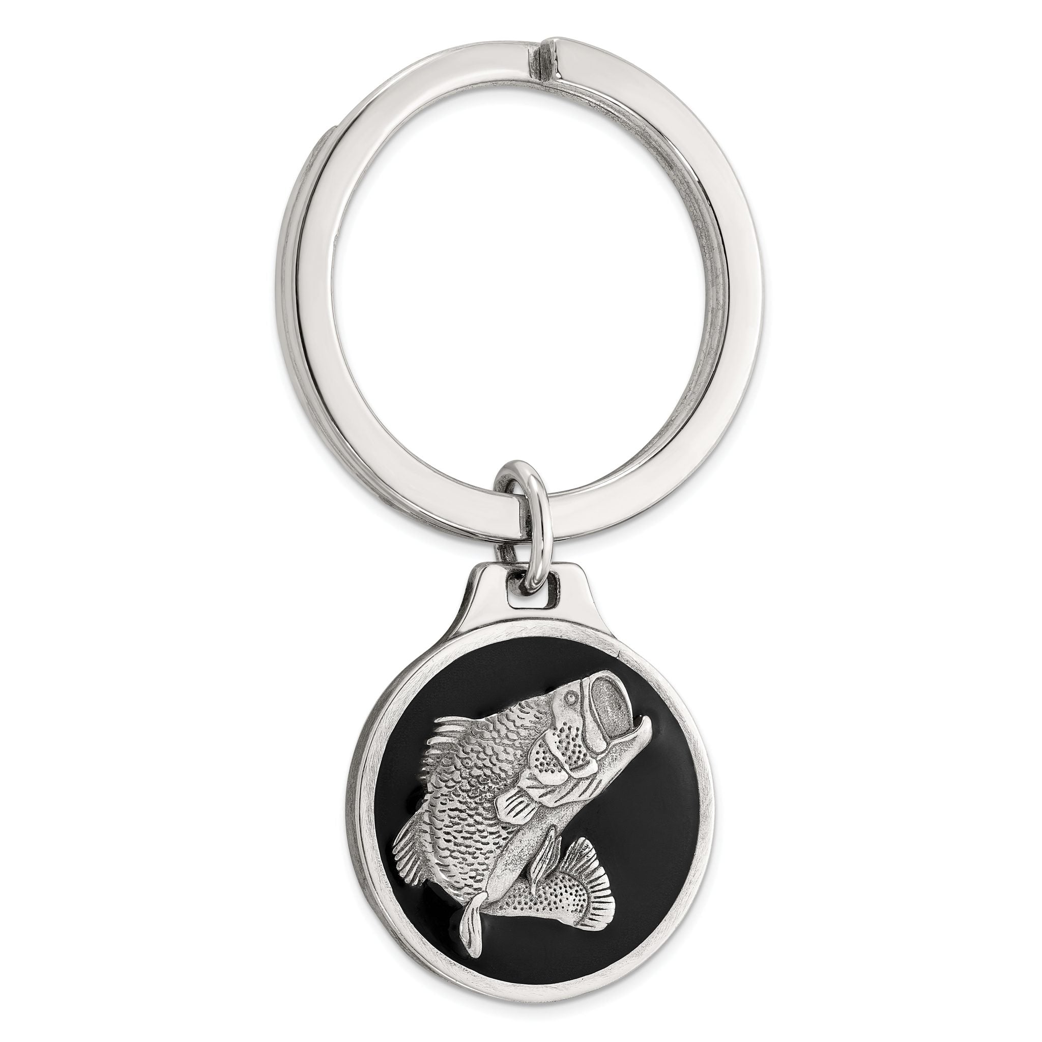 Sterling Silver Rhodium-plated Black Epoxy Bass Fish Keychain Main image