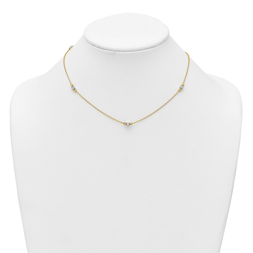 14K Two-Tone Polished Diamond-cut and Square Bead 5-Station 16 inch Necklace Plus 2 inch Extender