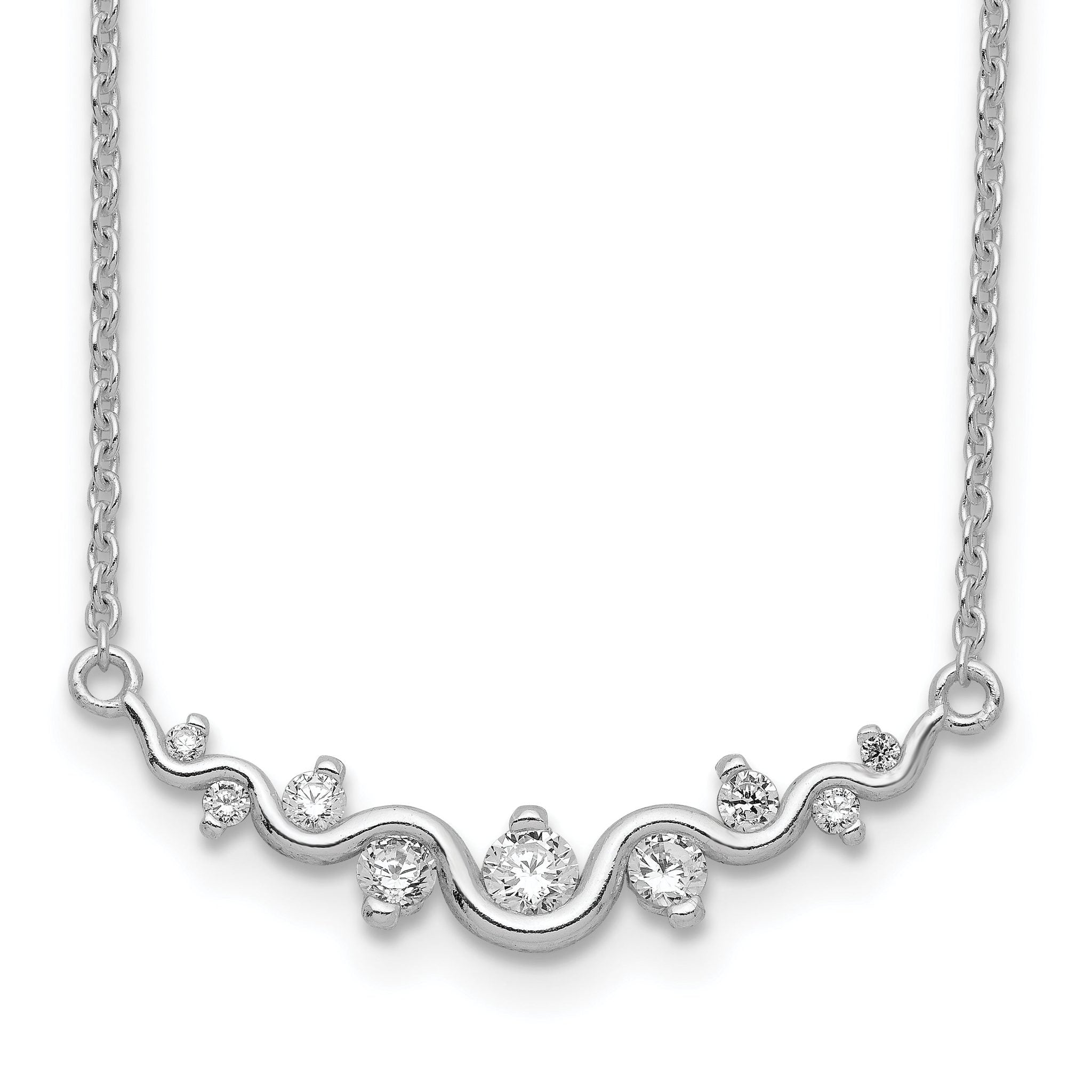Sterling Silver Rhodium-plated Polished Fancy Wave CZ Bar Necklace Main image