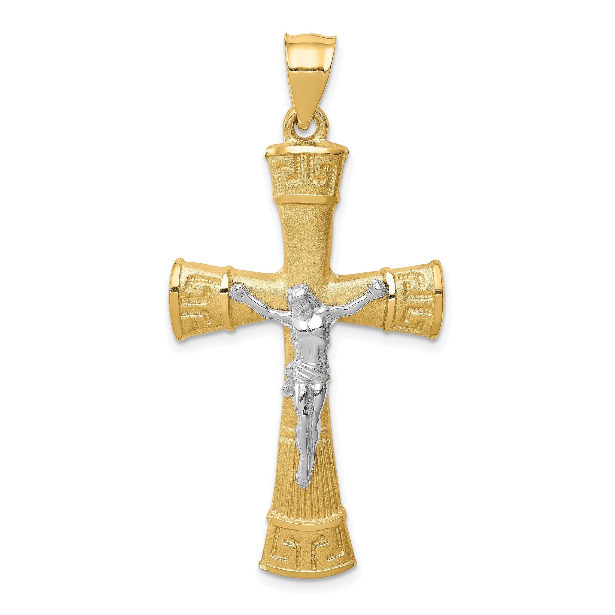 14K Two-tone Brushed & Polished Greek Key Crucifix Pendant