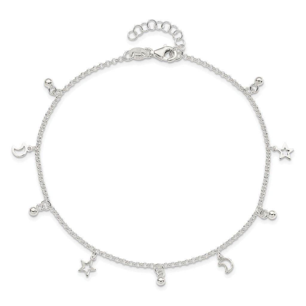 Sterling Silver Star and Moon 9 inch Plus 1 inch Extender - Total 10 inch Anklet