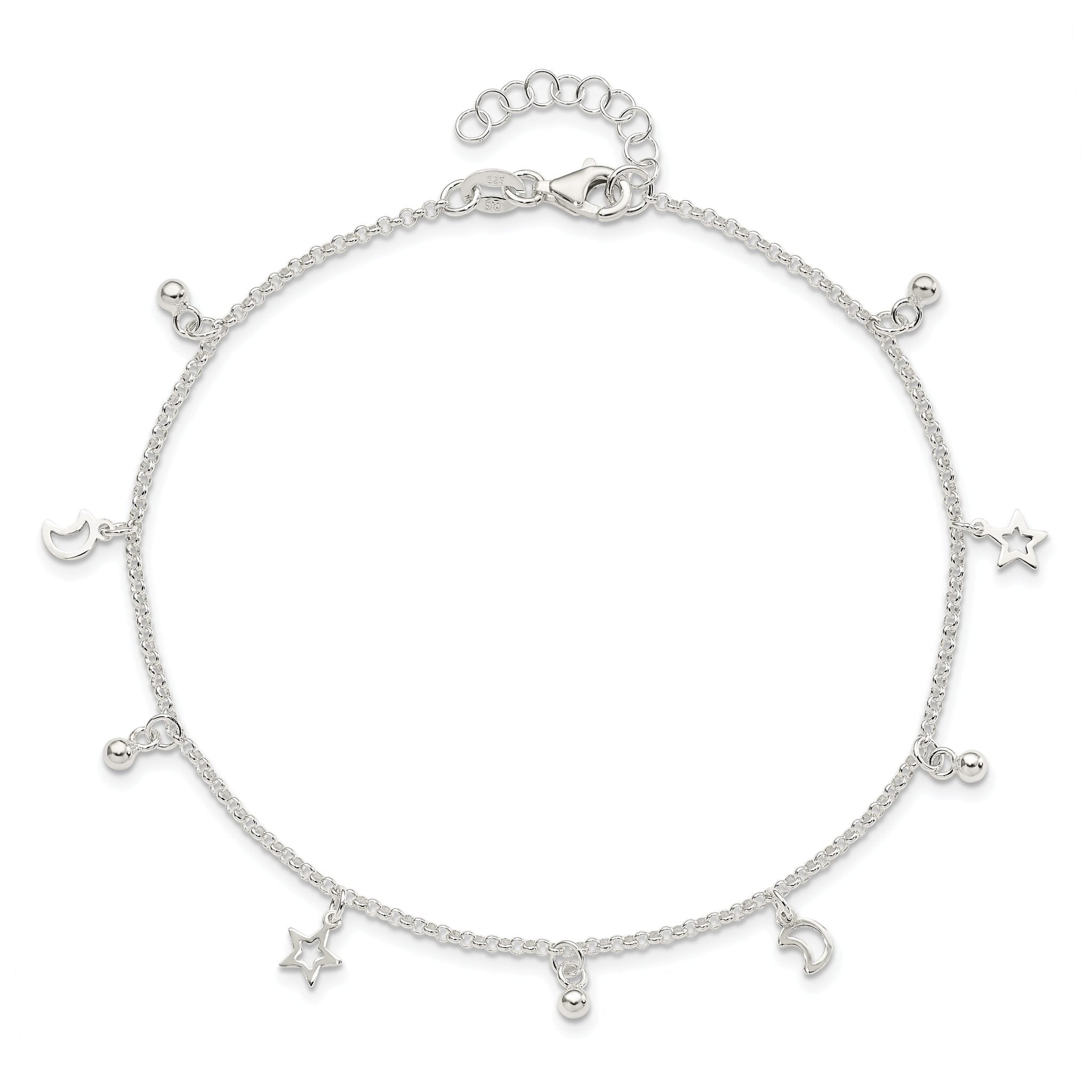 Sterling Silver Star and Moon 9 inch Plus 1 inch Extender - Total 10 inch Anklet