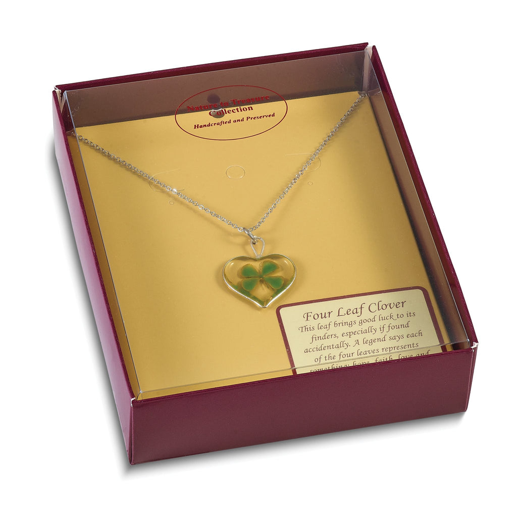 Silver Trim Real Four Leaf Clover in Heart 20 inch Silver-plated Chain Necklace